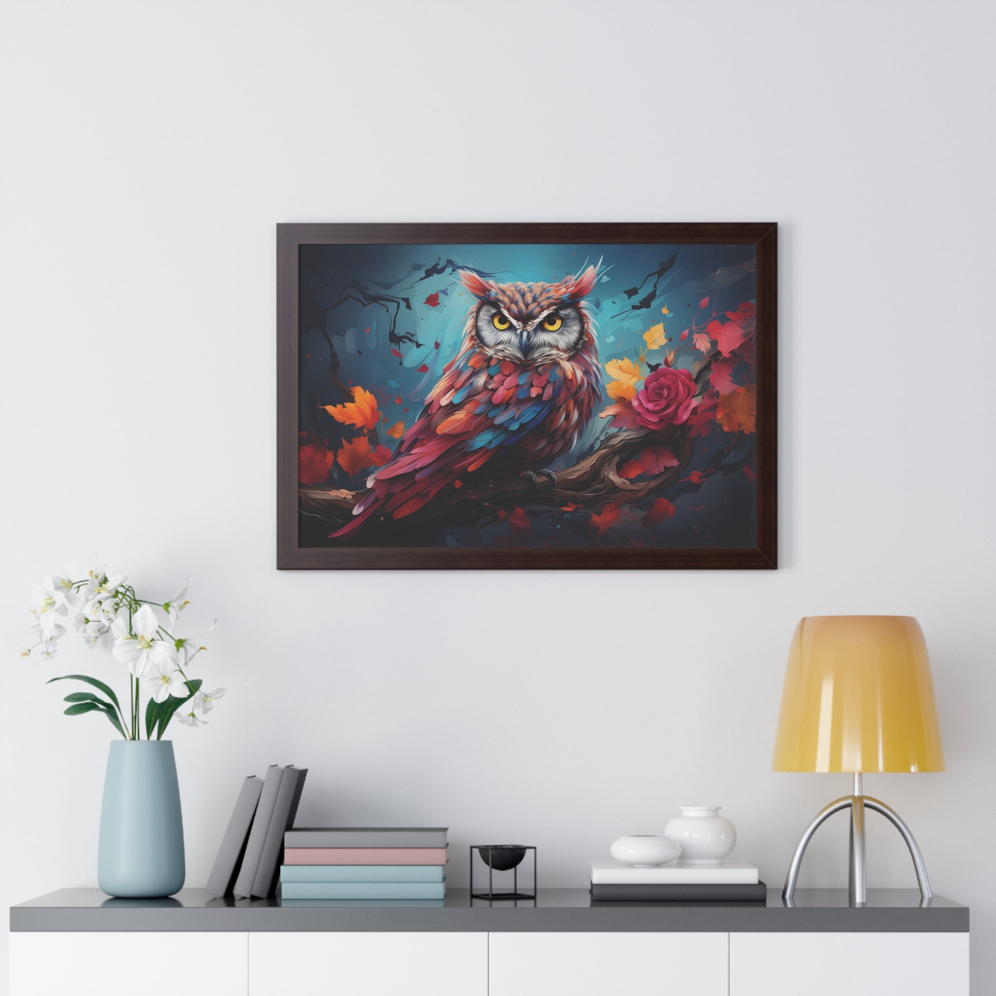 Crimson Perch —🌹Vibrant Owl Wall Art with Autumn Bloom