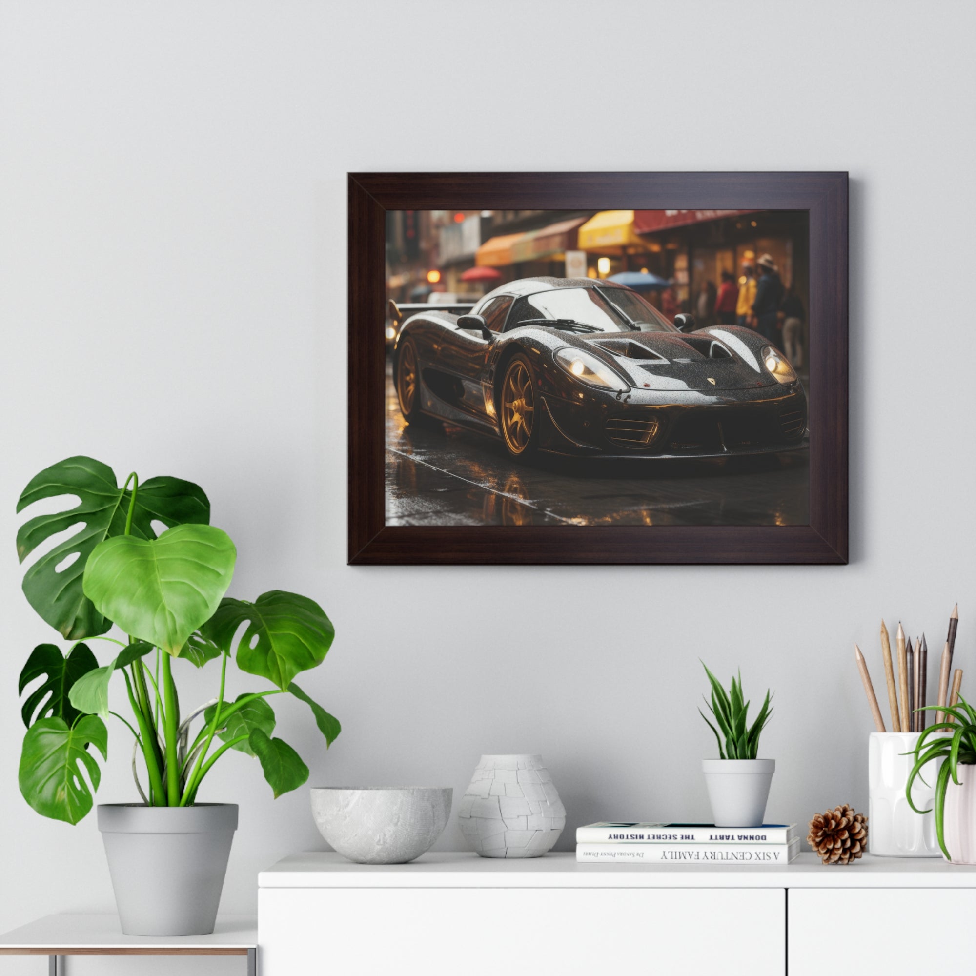 Exotic Black Ferrari F50 Framed Horizontal Poster – Supercar Wall Art for Car Enthusiasts