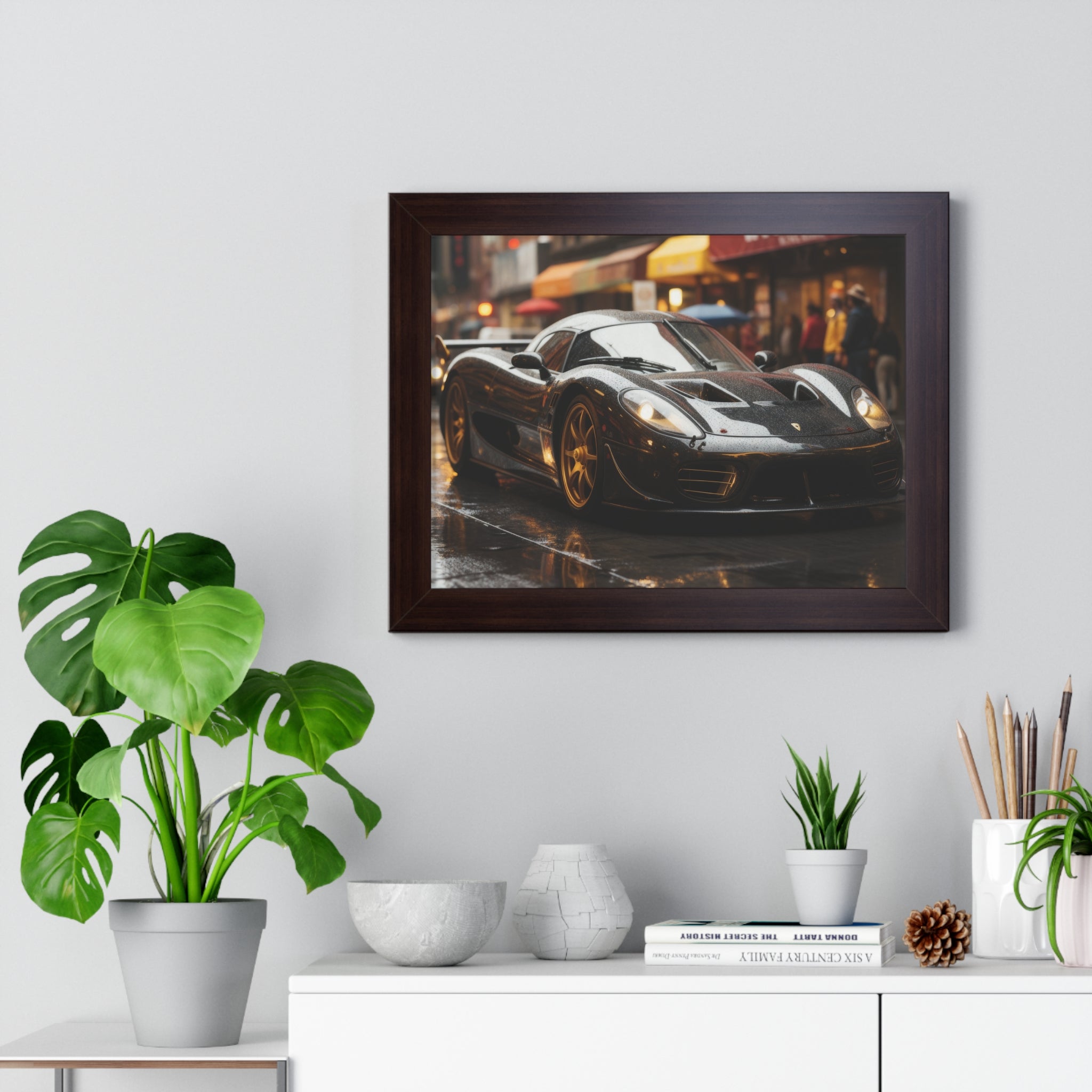 Exotic Black Ferrari F50 Framed Horizontal Poster – Supercar Wall Art for Car Enthusiasts