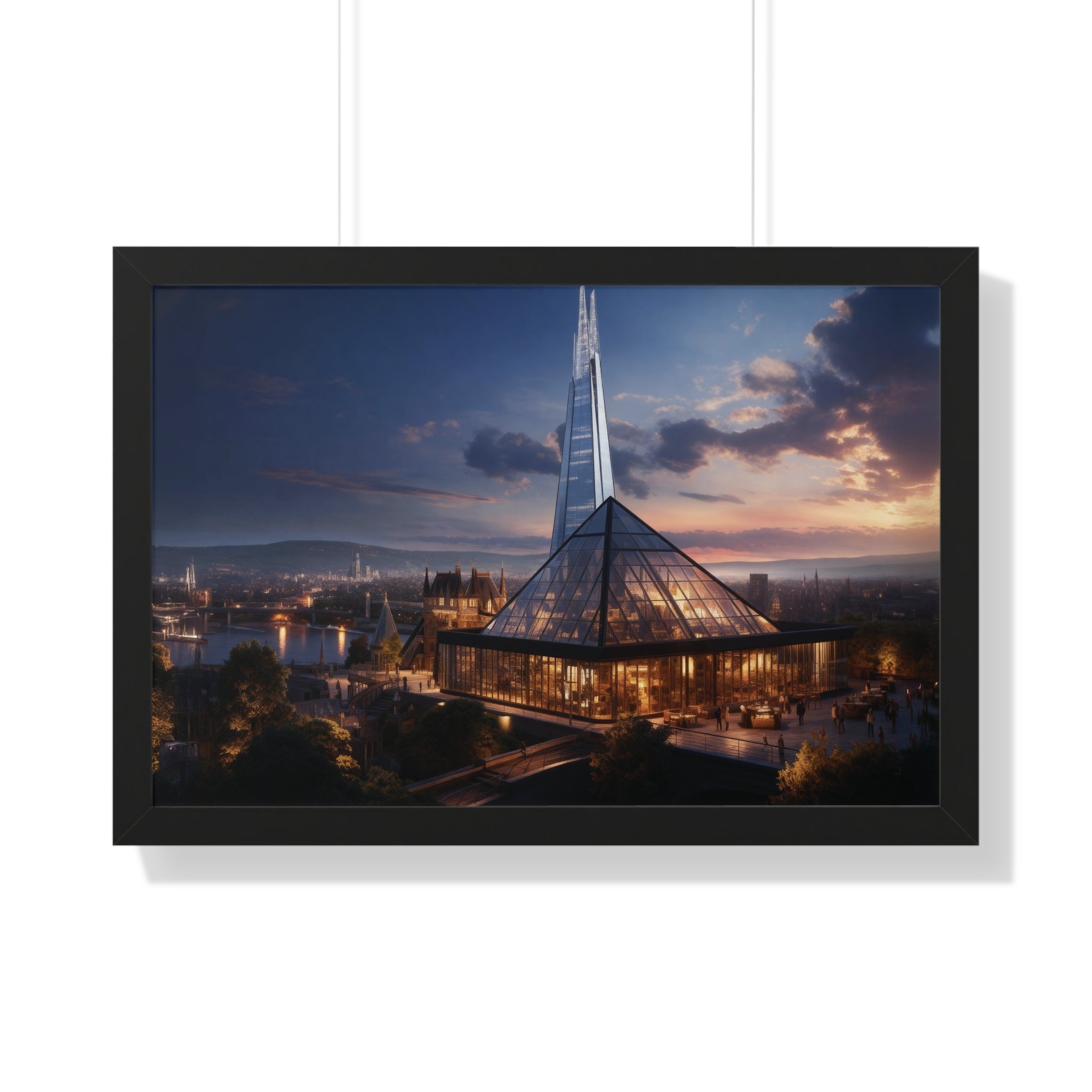 Futuristic Twilight: Glass Spire & Pyramid Skyline – Illuminated Architecture Wall Art