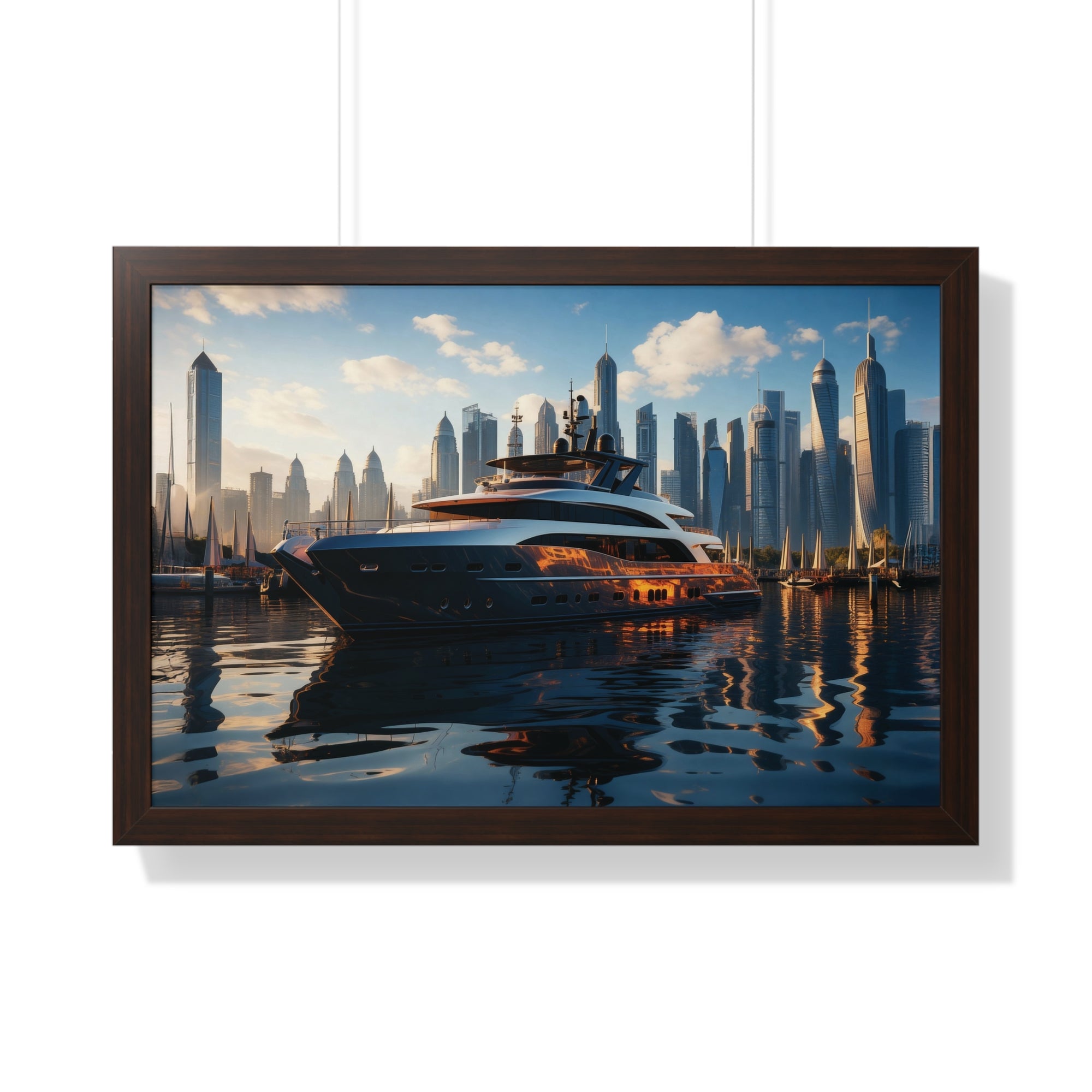 Luxury Yacht Marina at Sunset – Framed Cityscape Wall Art for Modern Interiors