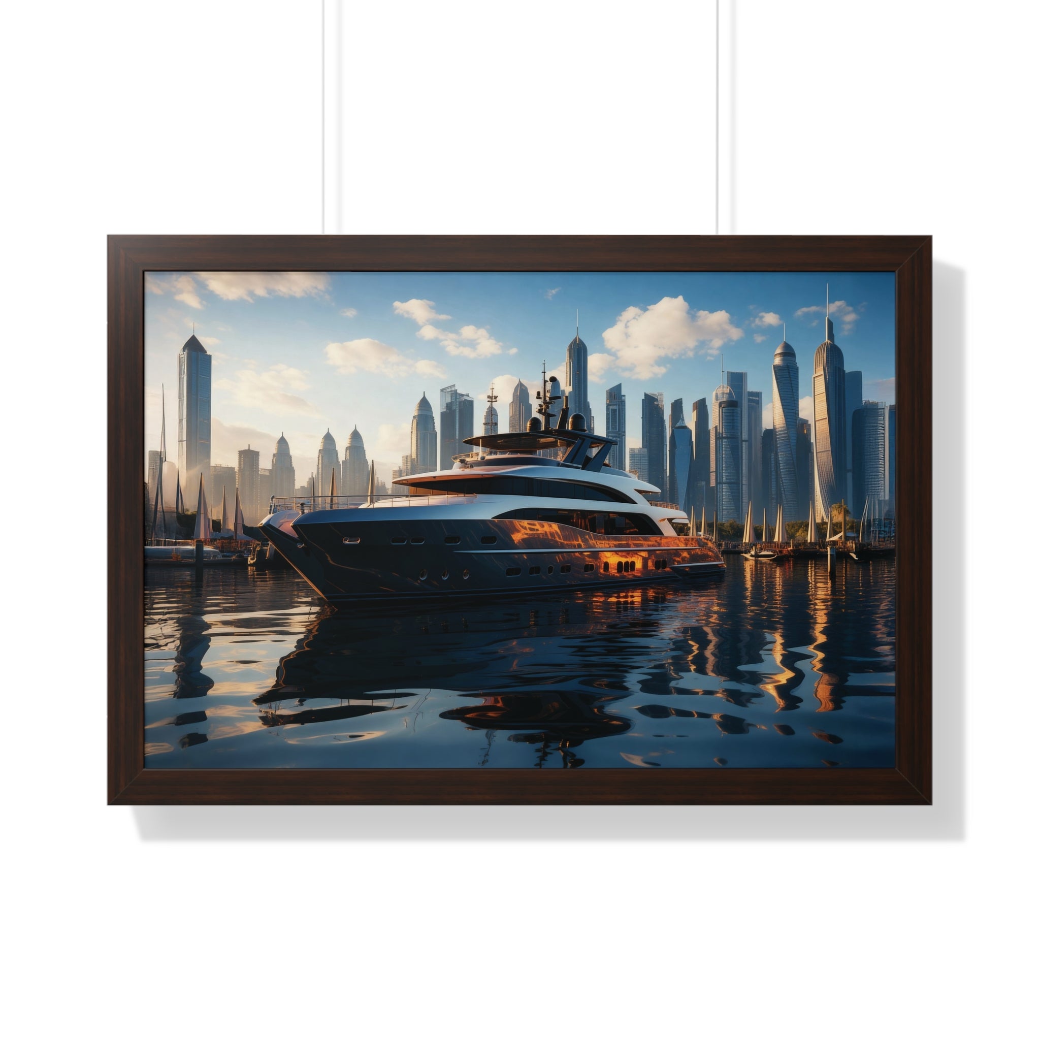 Luxury Yacht Marina at Sunset – Framed Cityscape Wall Art for Modern Interiors