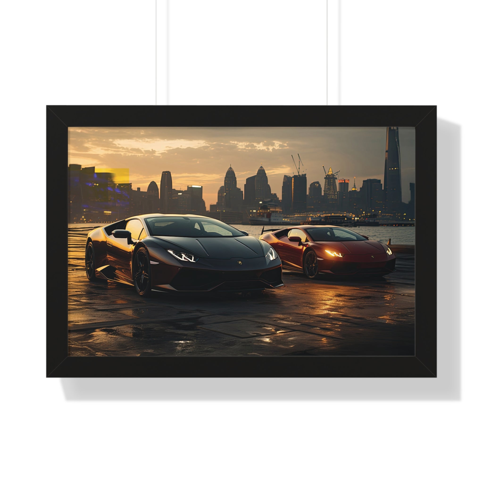 Lamborghinis Parked on a Waterfront at Sunset