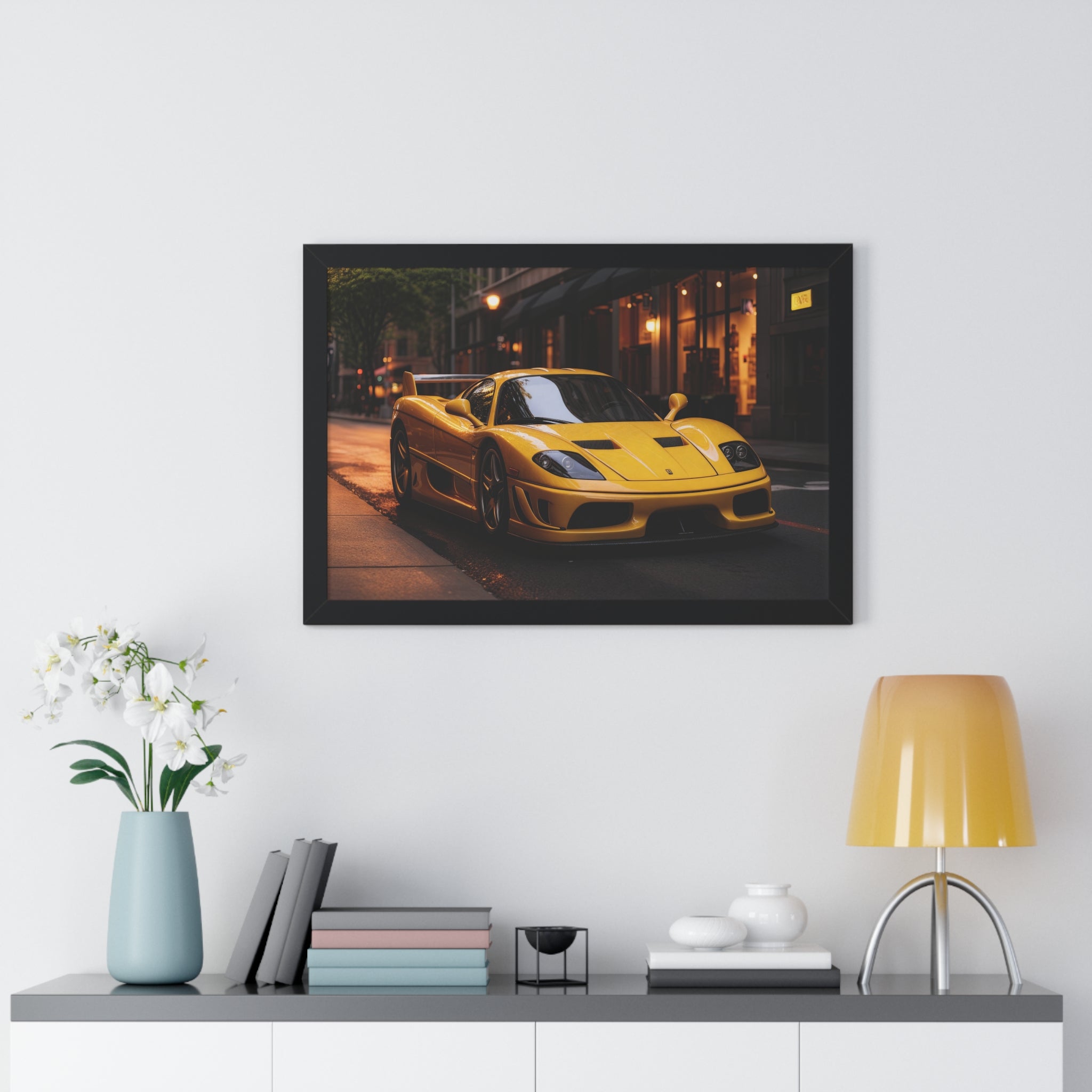 Framed Supercar Poster – Yellow Ferrari F50 in Manhattan
