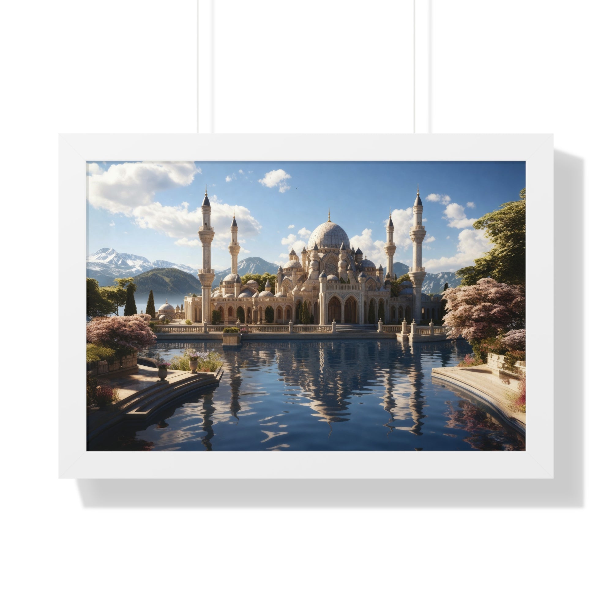 Mirrored Tranquility – Framed Mosque by the Lake Wall Art