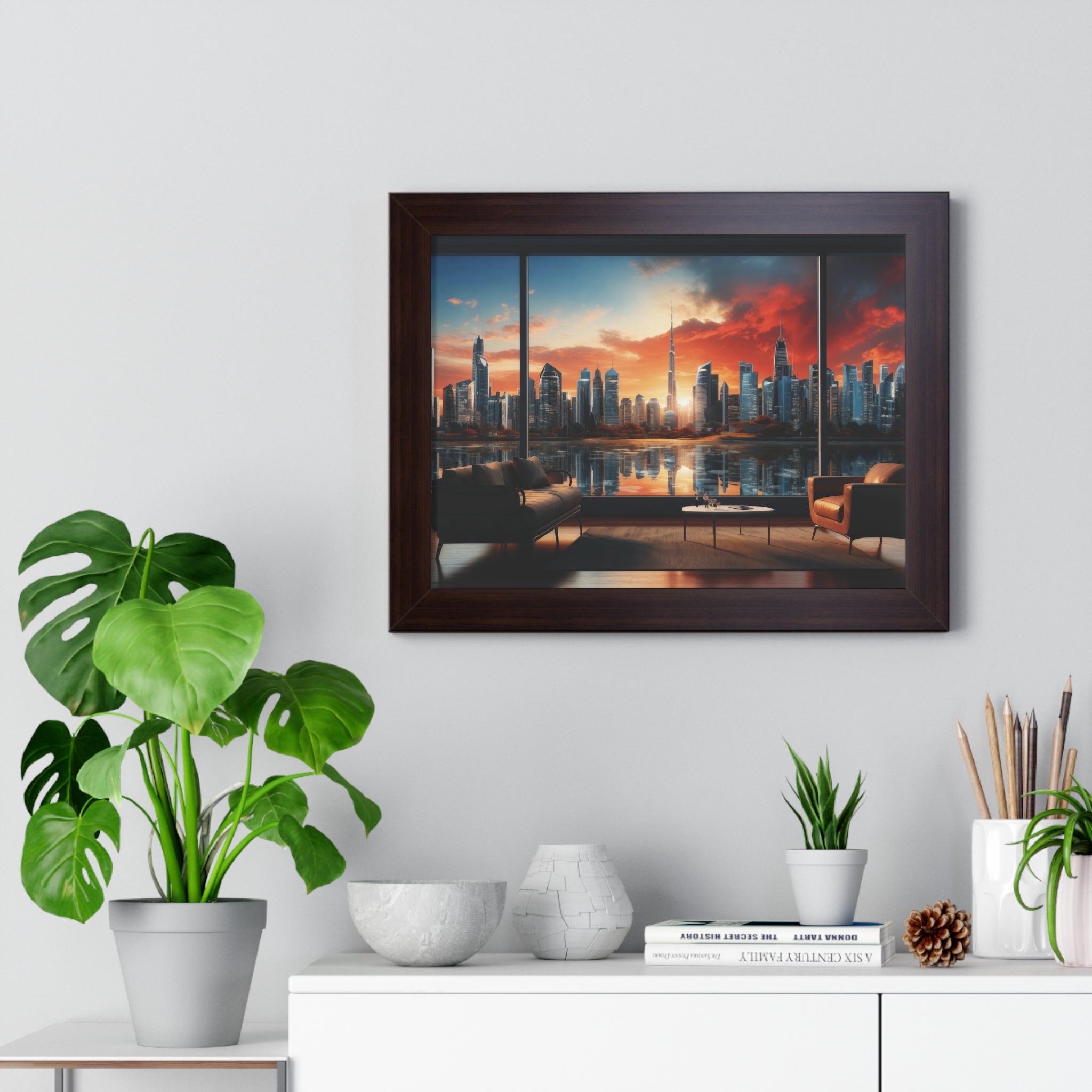Framed Luxury City View – Modern Living Room Wall Art with Skyline Sunset Reflection
