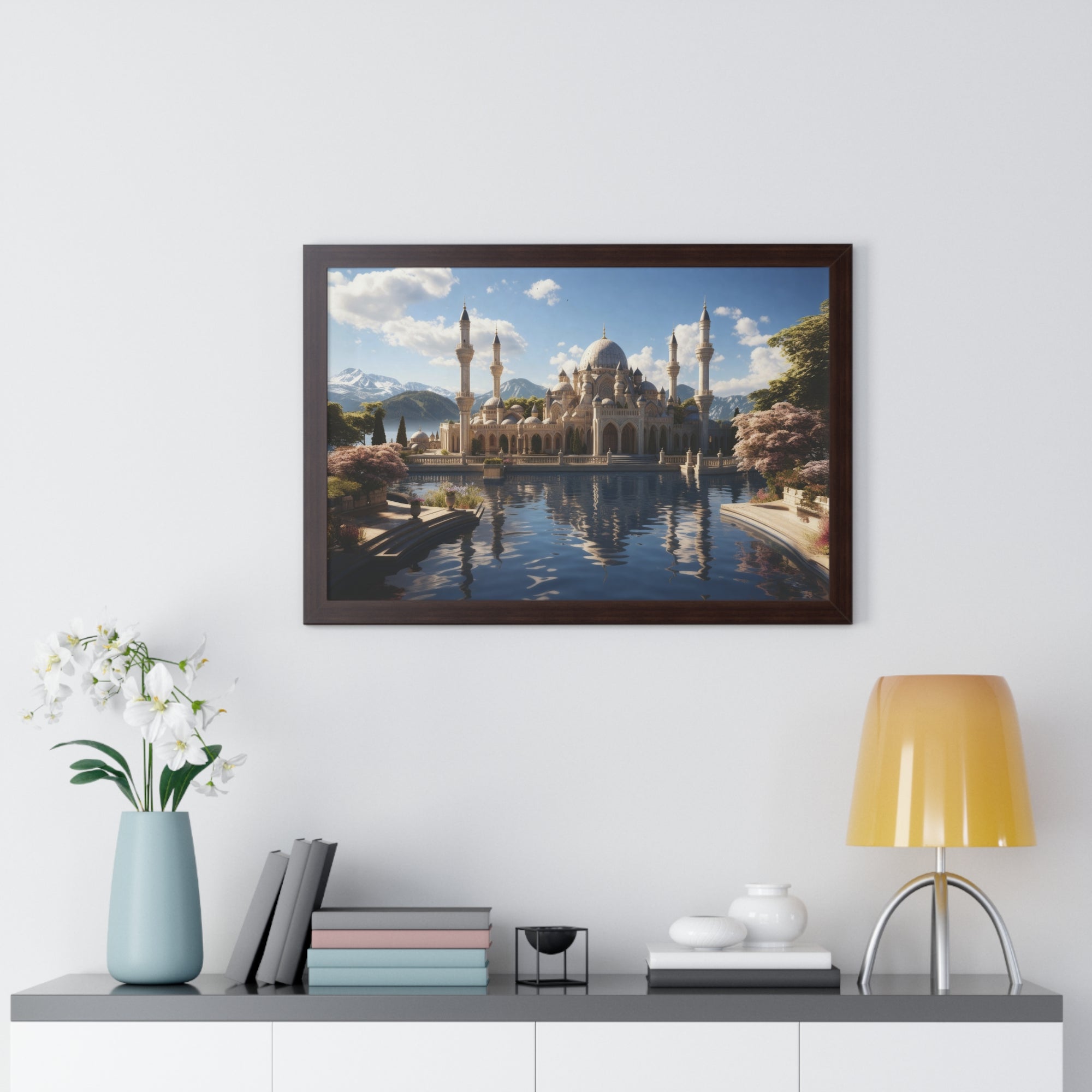 Mirrored Tranquility – Framed Mosque by the Lake Wall Art