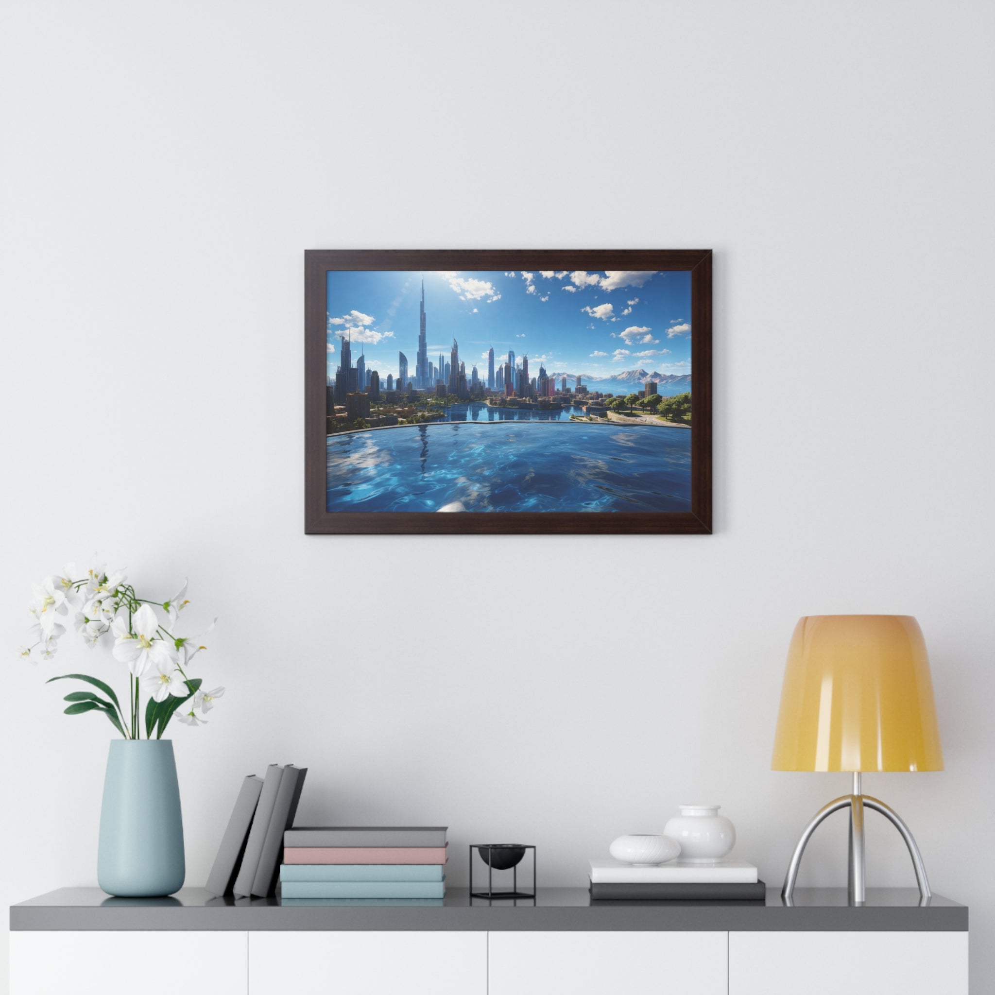 Infinity Pool Skyline View – Framed Luxury Wall Art with Cityscape and Mountain Backdrop