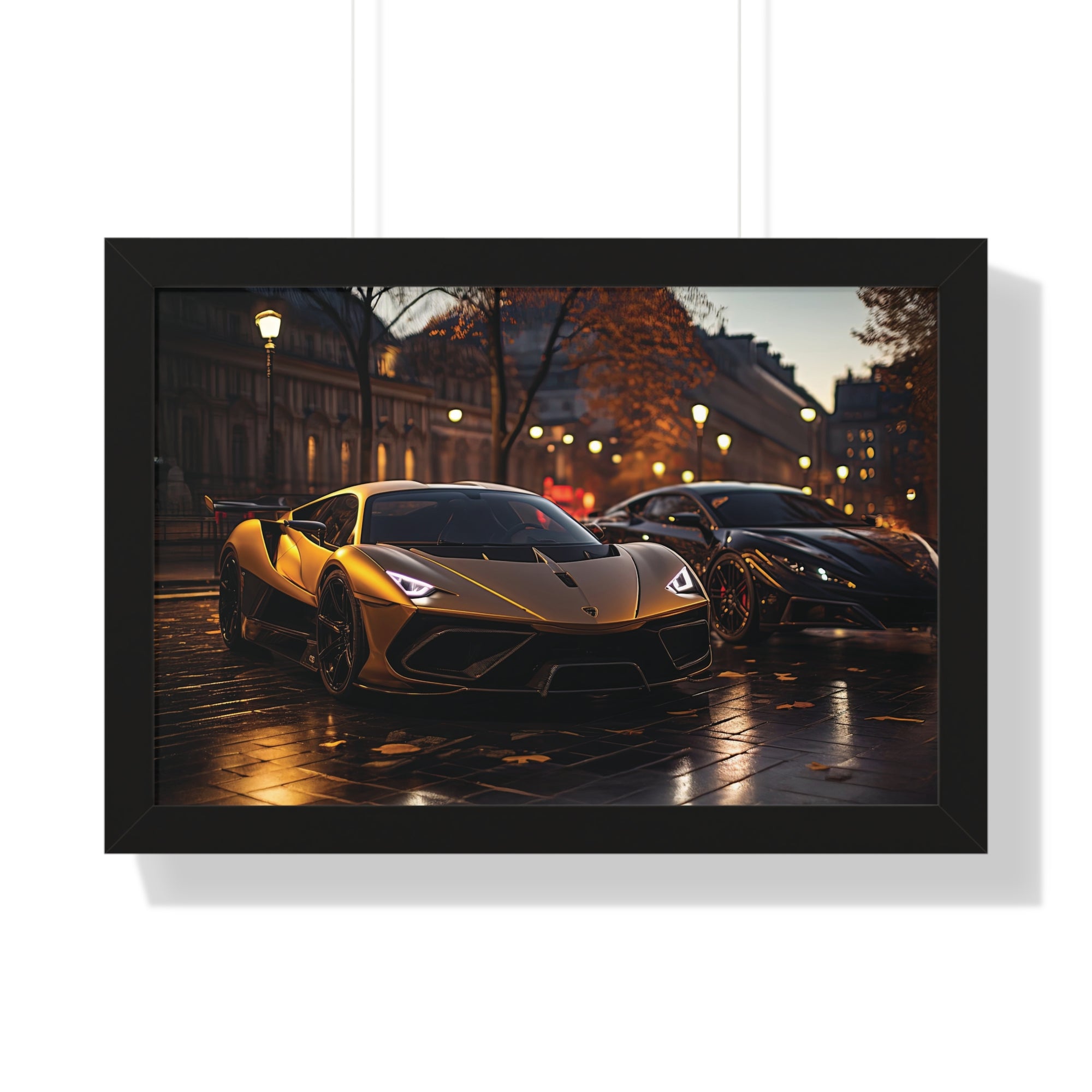 Modified Lamborghini Gold Print - A wet City Street at Night with illuminated Street Lamps