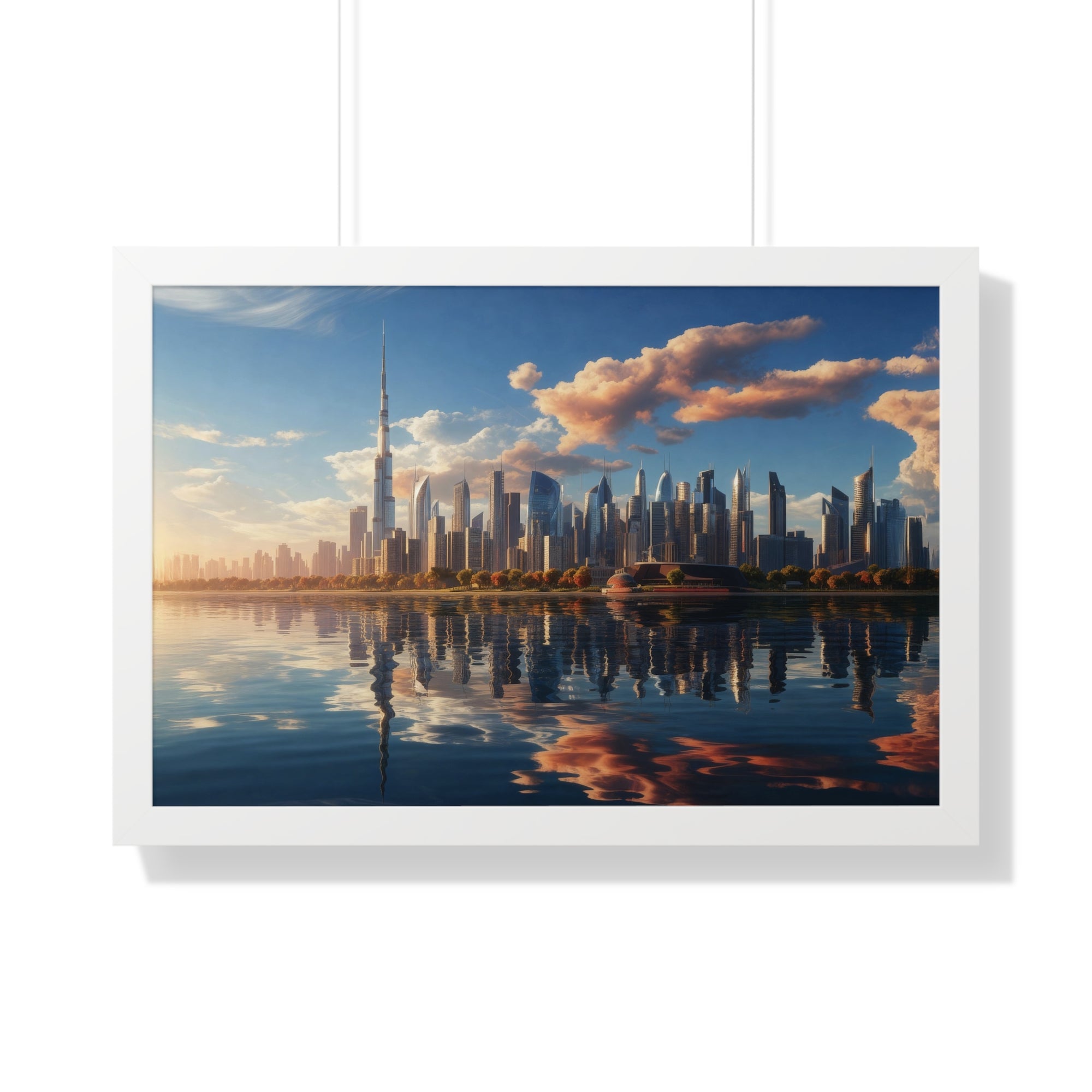 Framed Dubai Sunset Cityscape – Luxury Wall Art with Burj Khalifa for Elegant Interiors