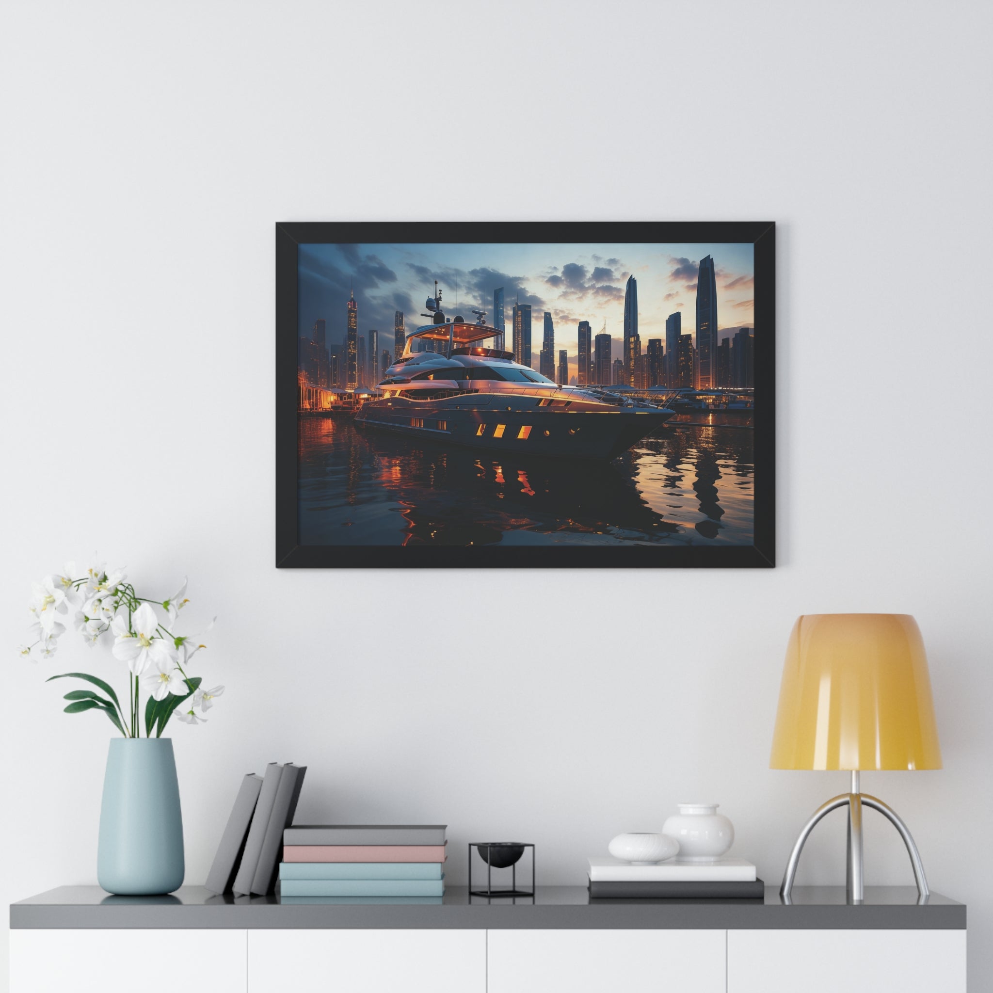 Framed Luxury Yacht at Sunset – Unique Marina Cityscape Wall Art