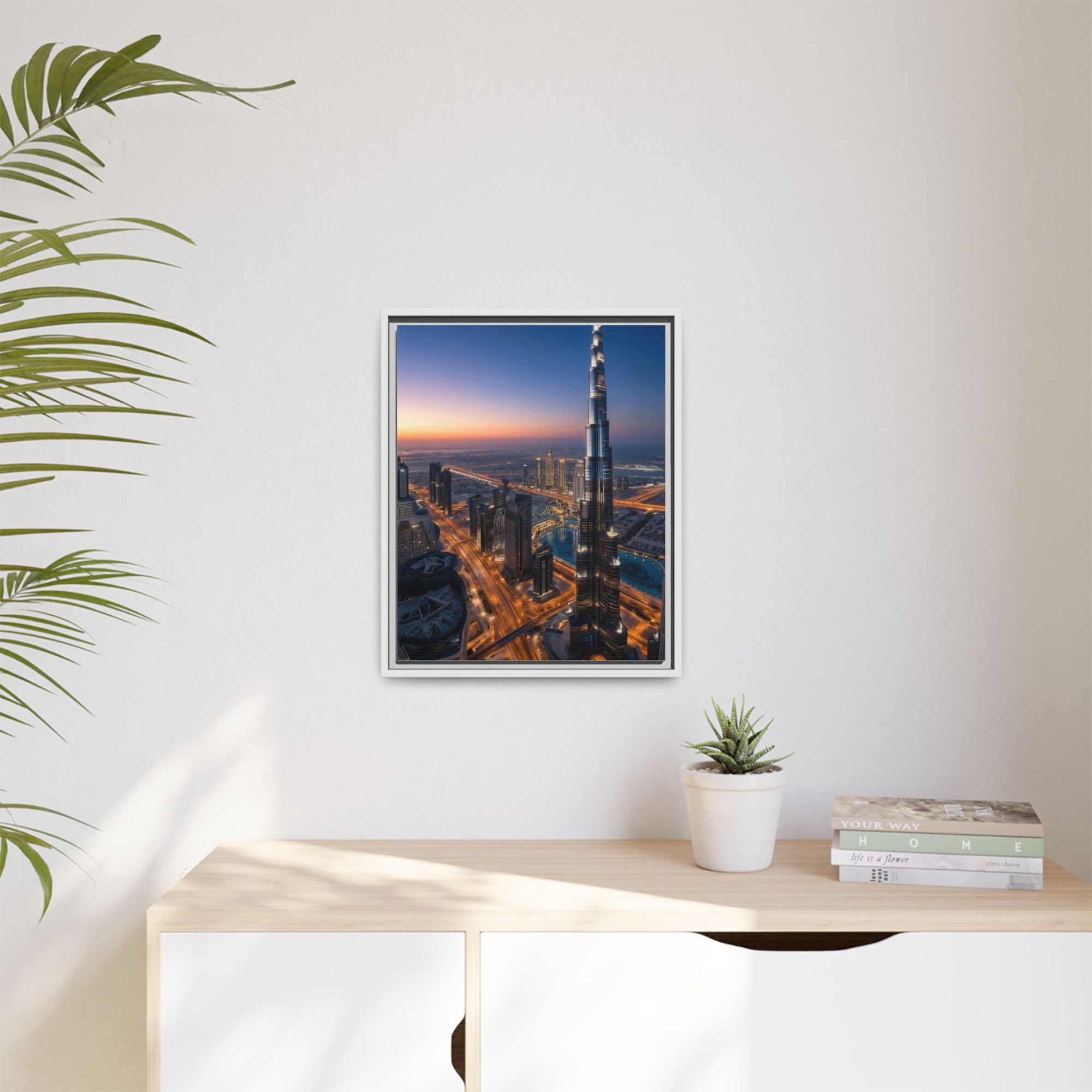 Framed Dubai Skyline at Dusk – Stunning Cityscape Wall Art