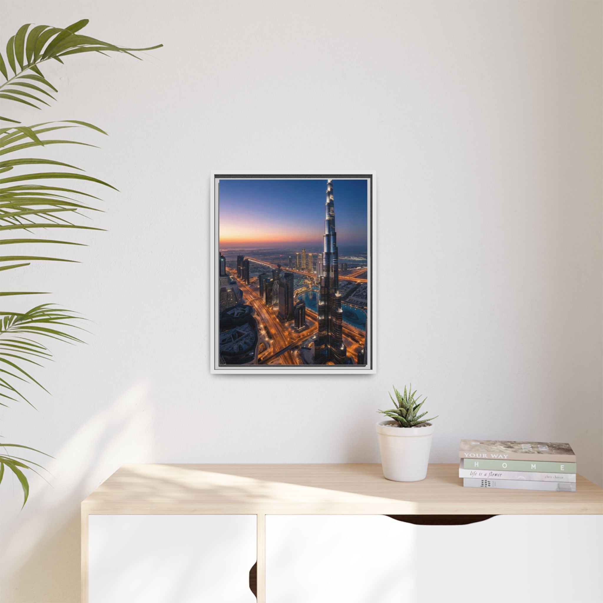 Framed Dubai Skyline at Dusk – Stunning Cityscape Wall Art