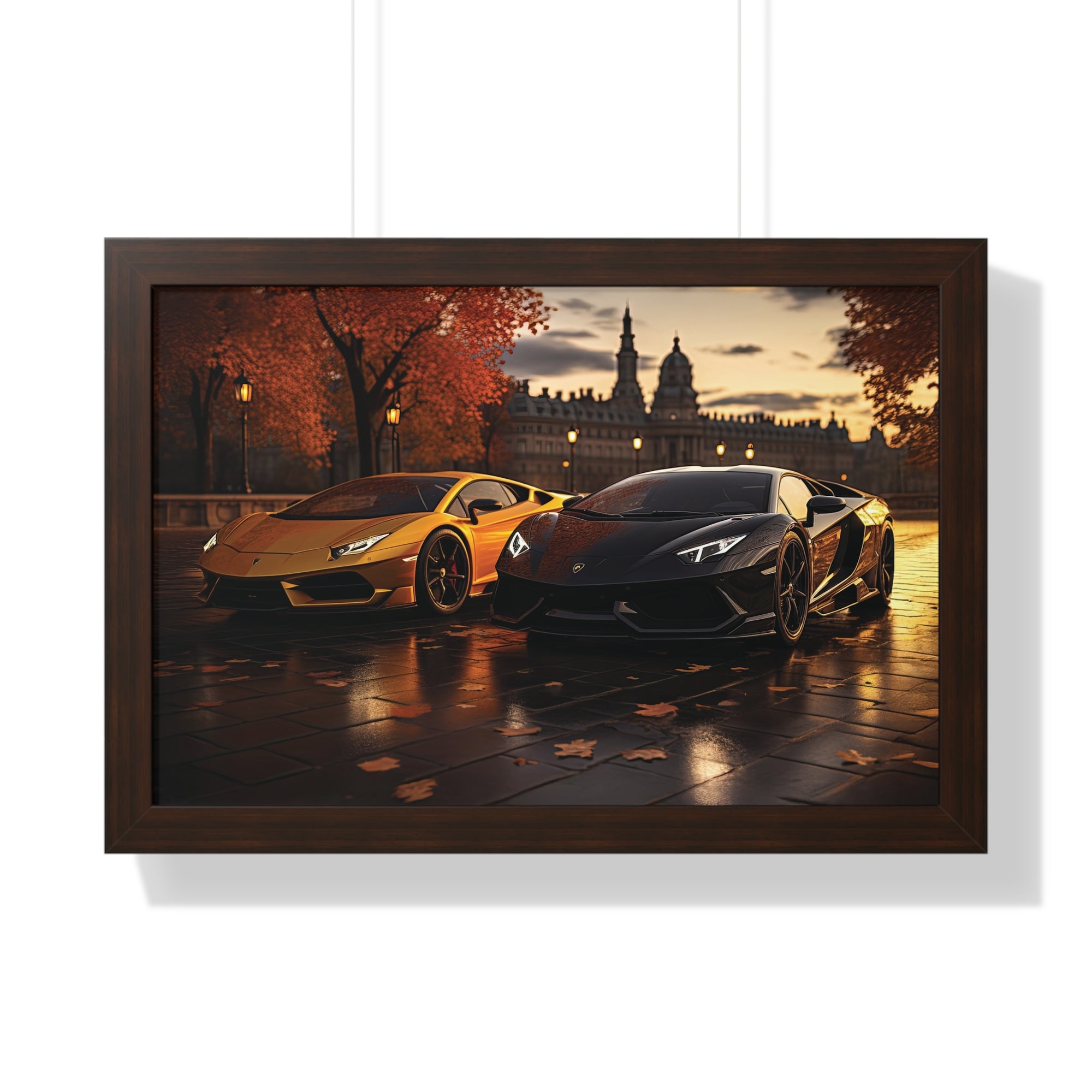 Gold Lamborghini Huracán and a Black Lamborghini Aventador – Premium Framed Print