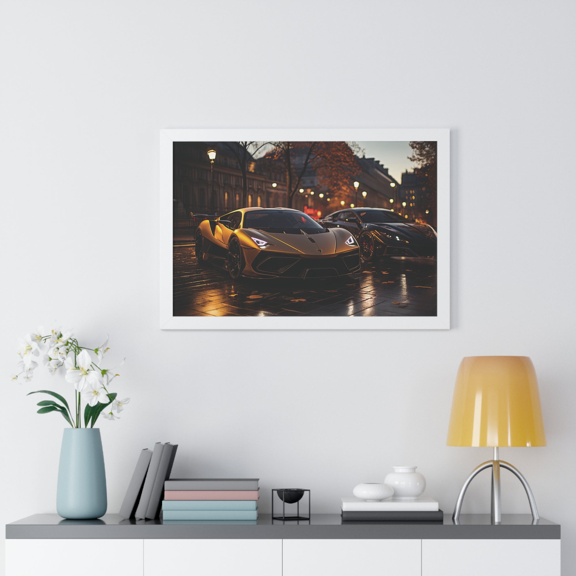 Modified Lamborghini Gold Print - A wet City Street at Night with illuminated Street Lamps