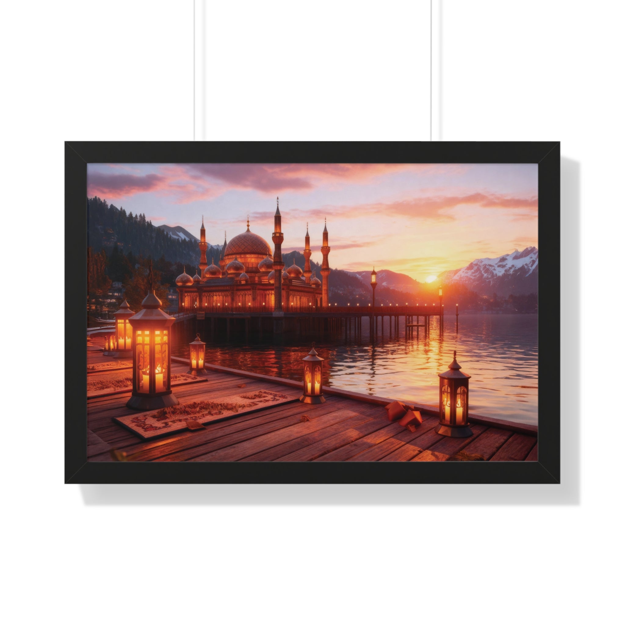 Twilight Serenity – Illuminated Mosque Reflections Framed Wall Art