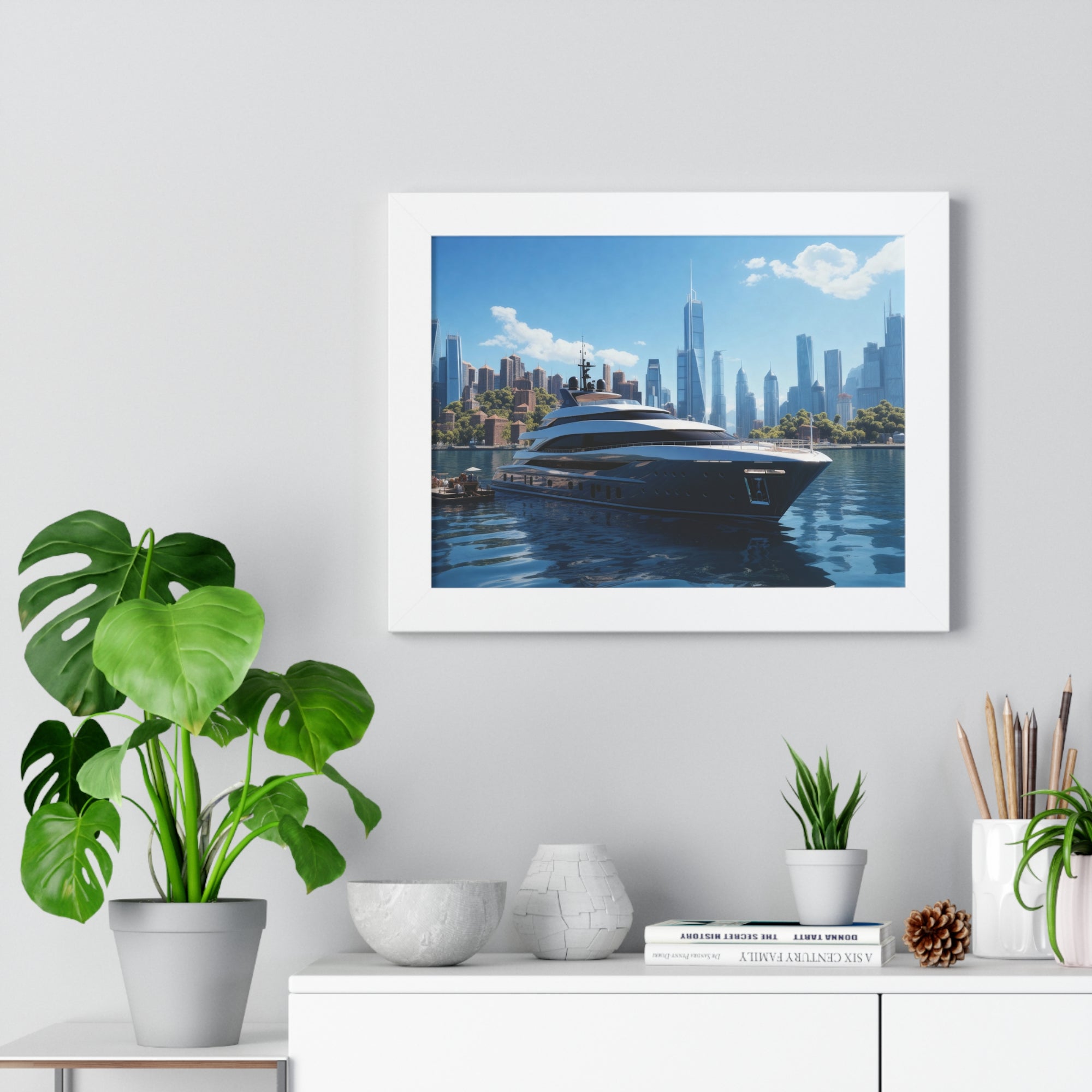 Luxury Waterfront Serenity – Framed Yacht & Skyline Wall Decor