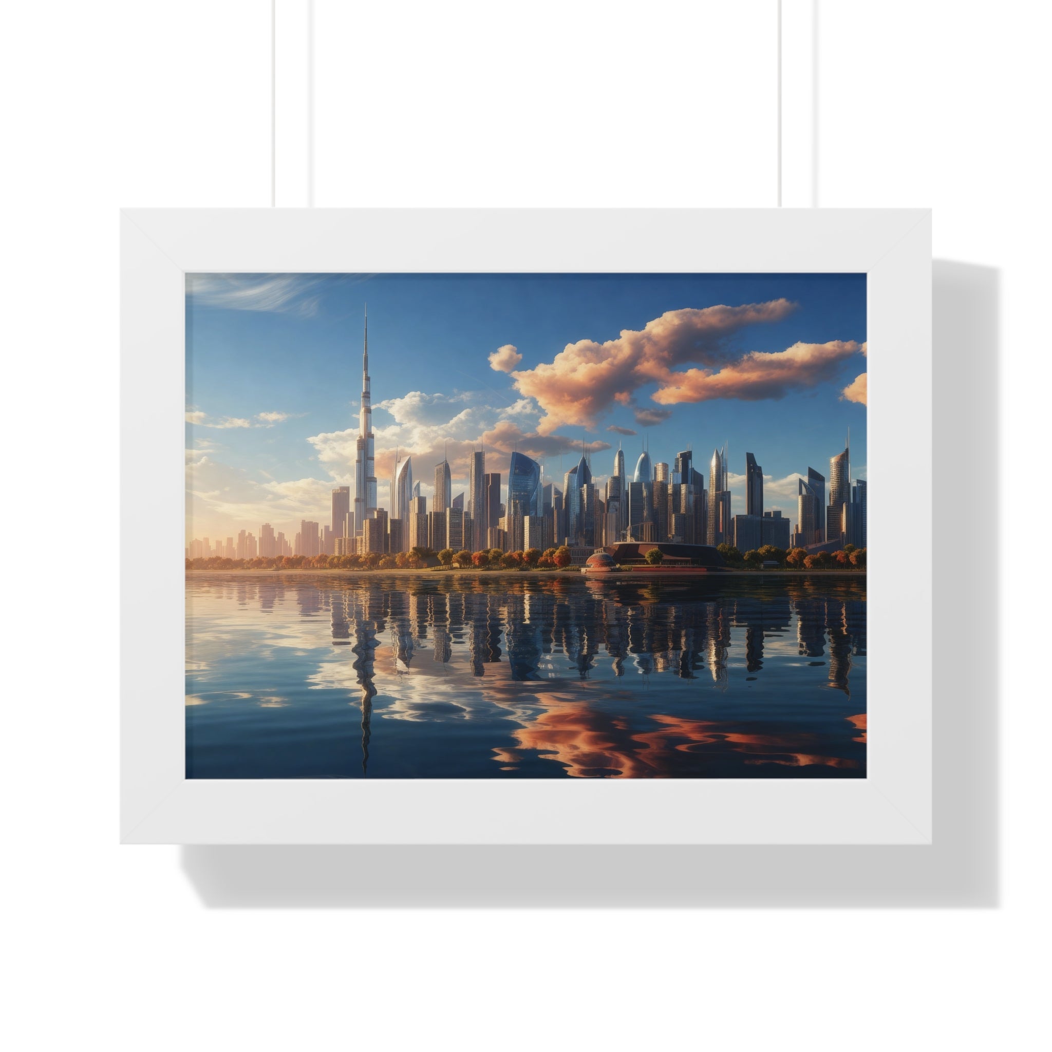Framed Dubai Sunset Cityscape – Luxury Wall Art with Burj Khalifa for Elegant Interiors