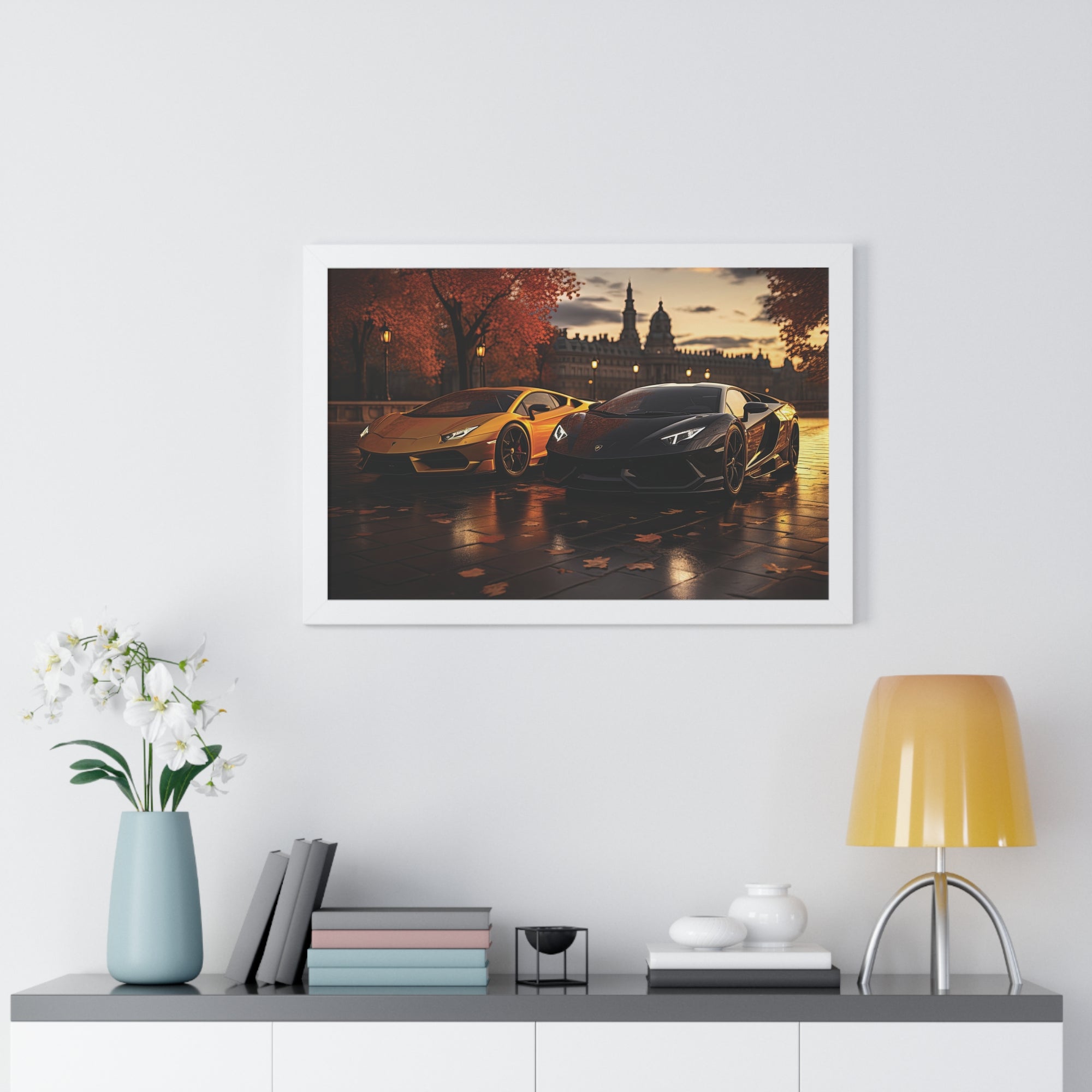 Gold Lamborghini Huracán and a Black Lamborghini Aventador – Premium Framed Print