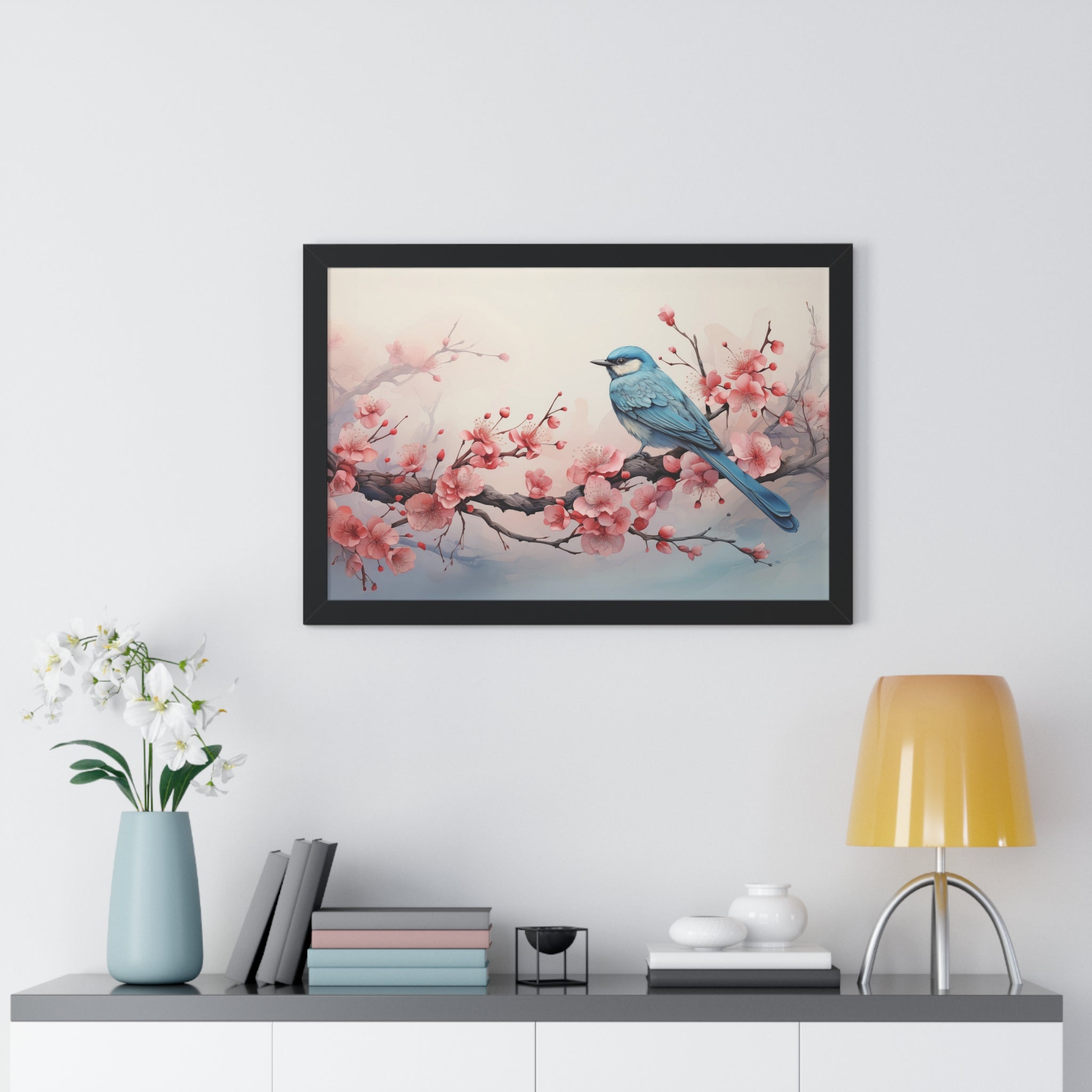 Blue Jay in Bloom  Botanical Wall Art with Cherry Blossoms