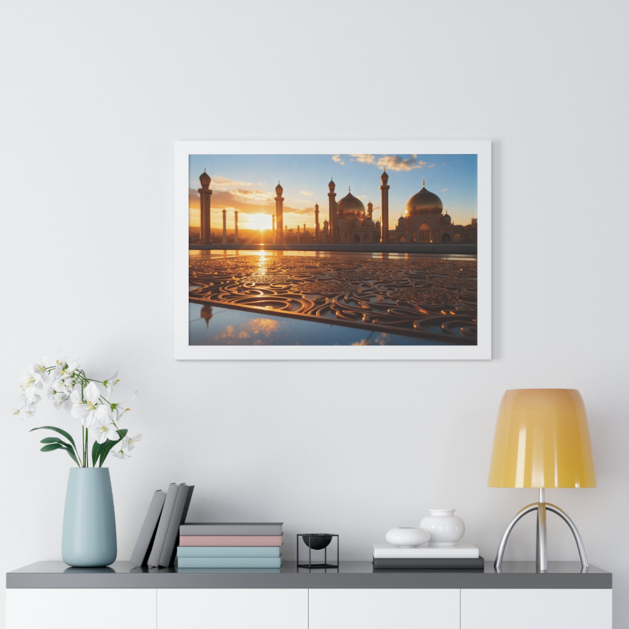 Golden Serenity Sunset Mosque Wall Art – Islamic Architecture Print