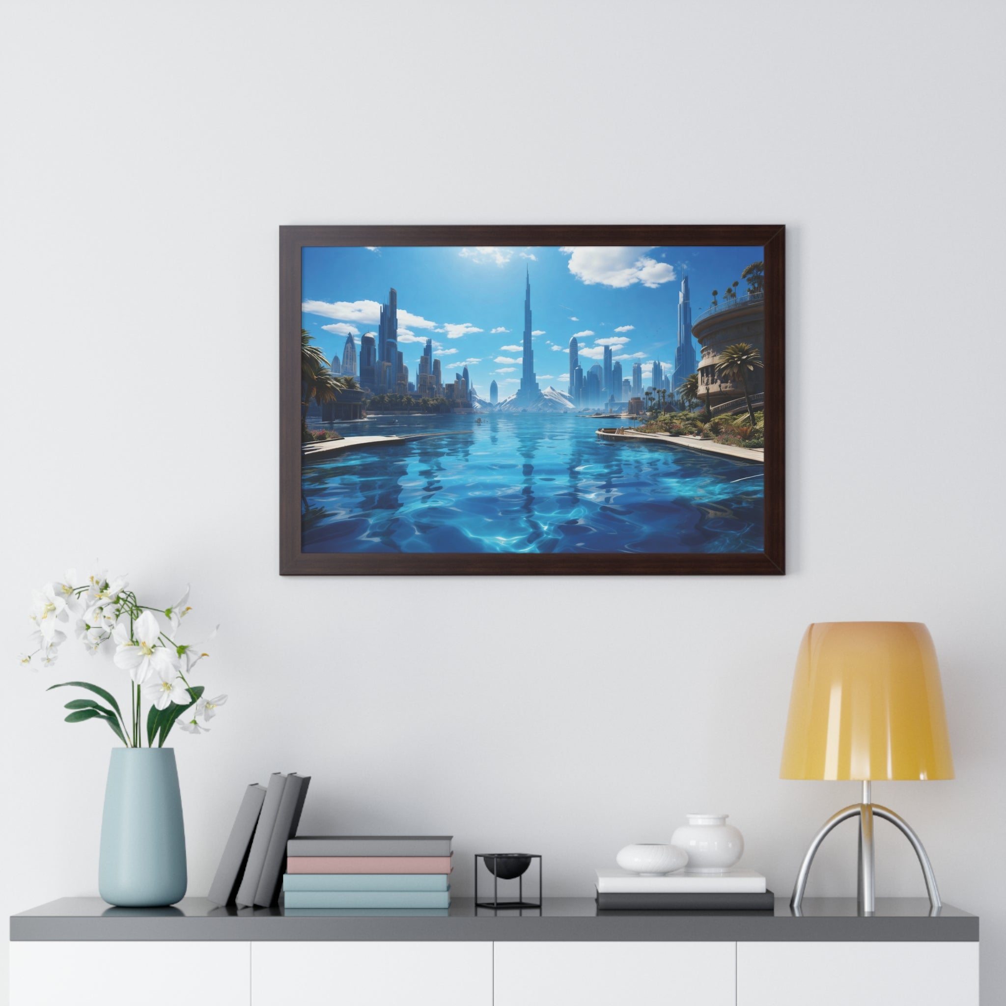Futuristic Waterfront Skyline – Framed Wall Art with Palm Trees & Ultra-Modern Architecture