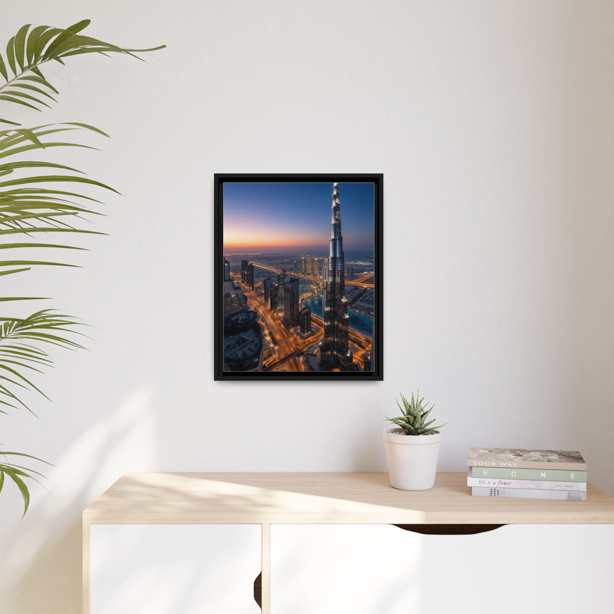 Framed Dubai Skyline at Dusk – Stunning Cityscape Wall Art