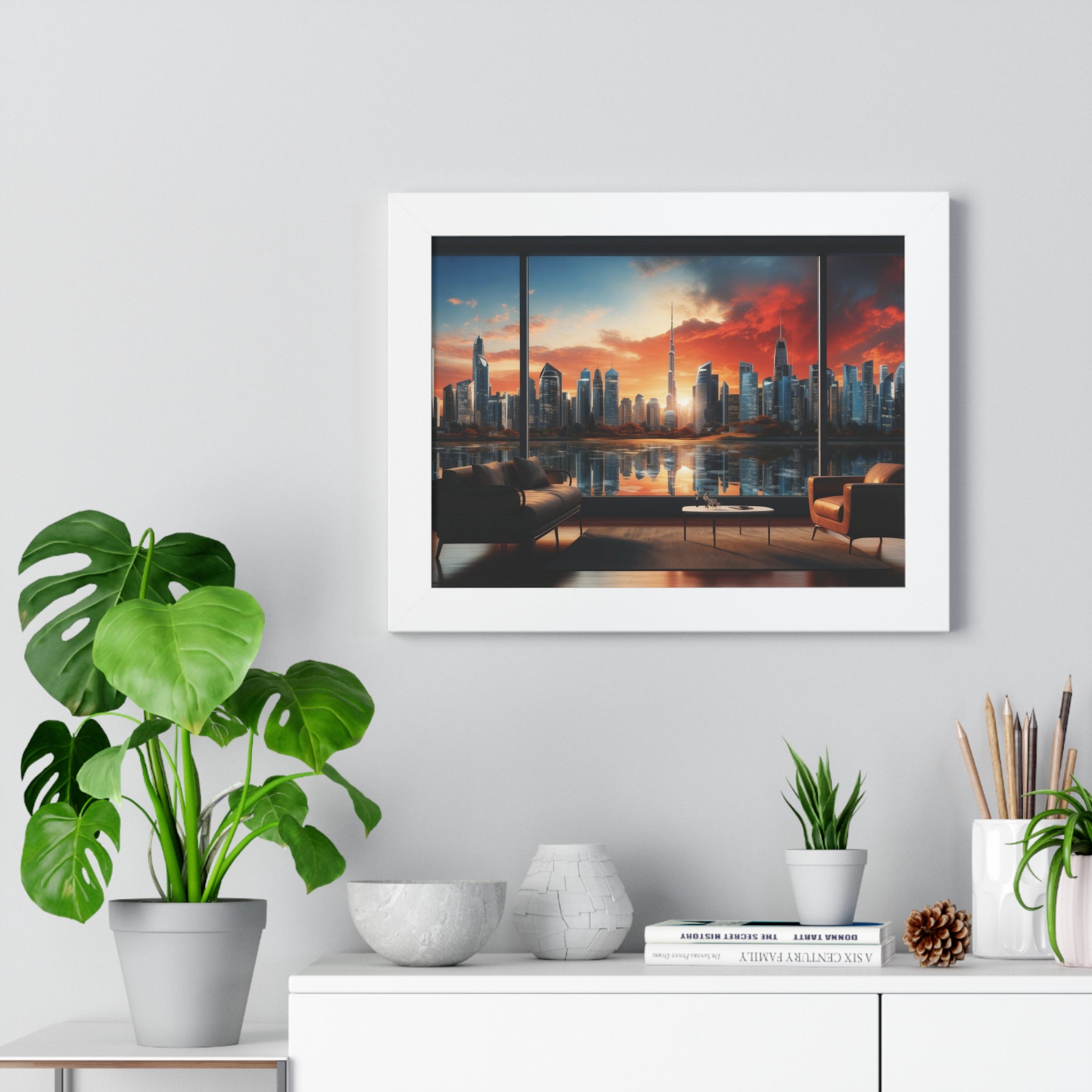 Framed Luxury City View – Modern Living Room Wall Art with Skyline Sunset Reflection