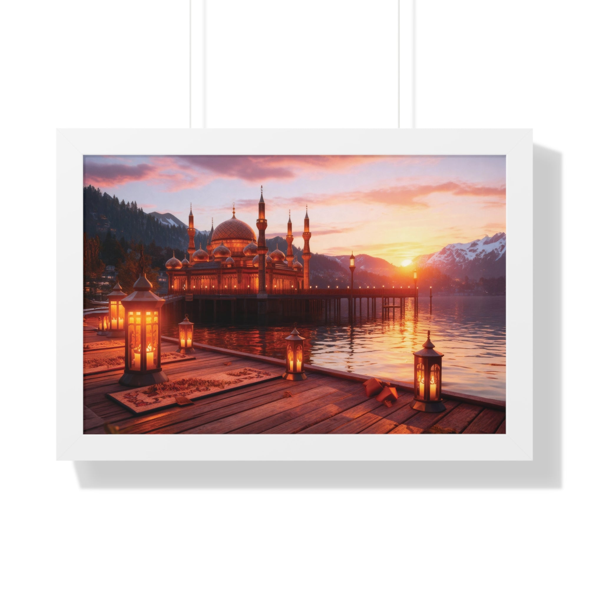 Twilight Serenity – Illuminated Mosque Reflections Framed Wall Art