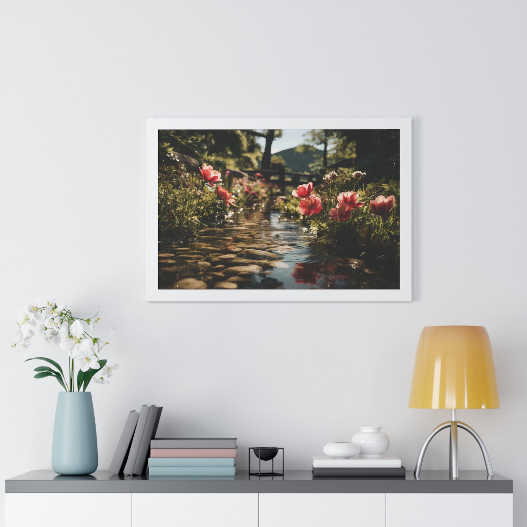 Whispers of Water – Floral Garden Landscape Print
