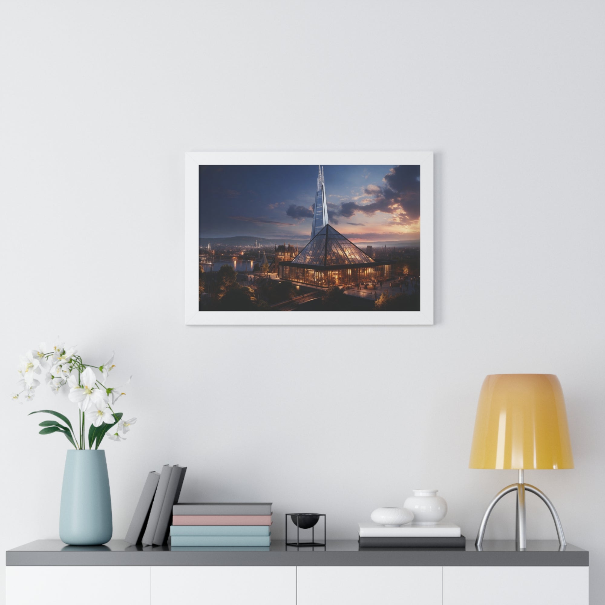 Futuristic Twilight: Glass Spire & Pyramid Skyline – Illuminated Architecture Wall Art