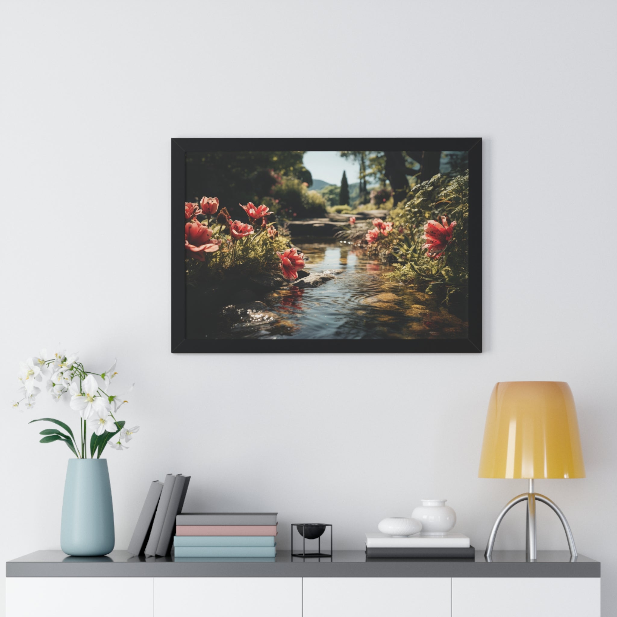 Tranquil Garden Stream with Scarlet Blooms