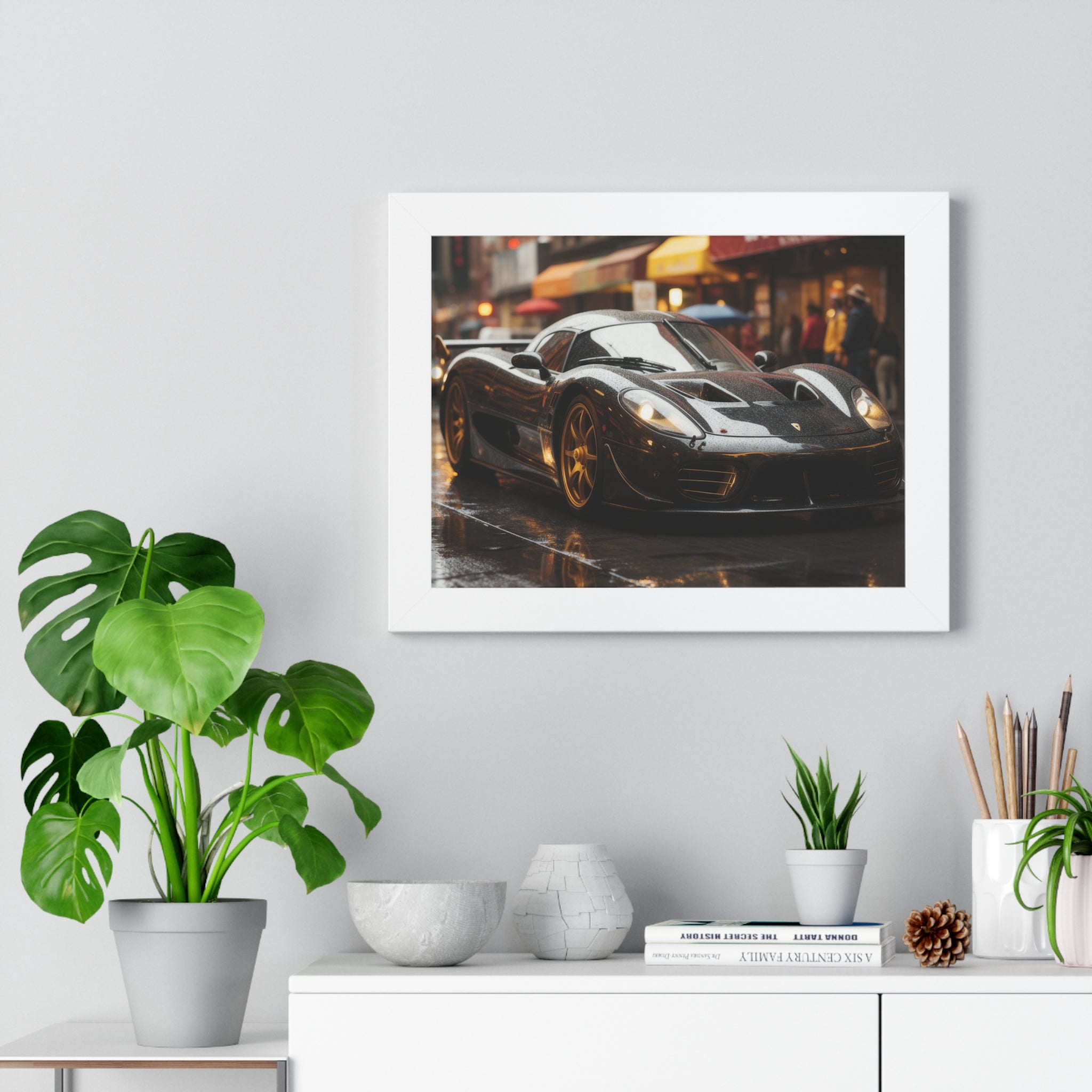 Exotic Black Ferrari F50 Framed Horizontal Poster – Supercar Wall Art for Car Enthusiasts