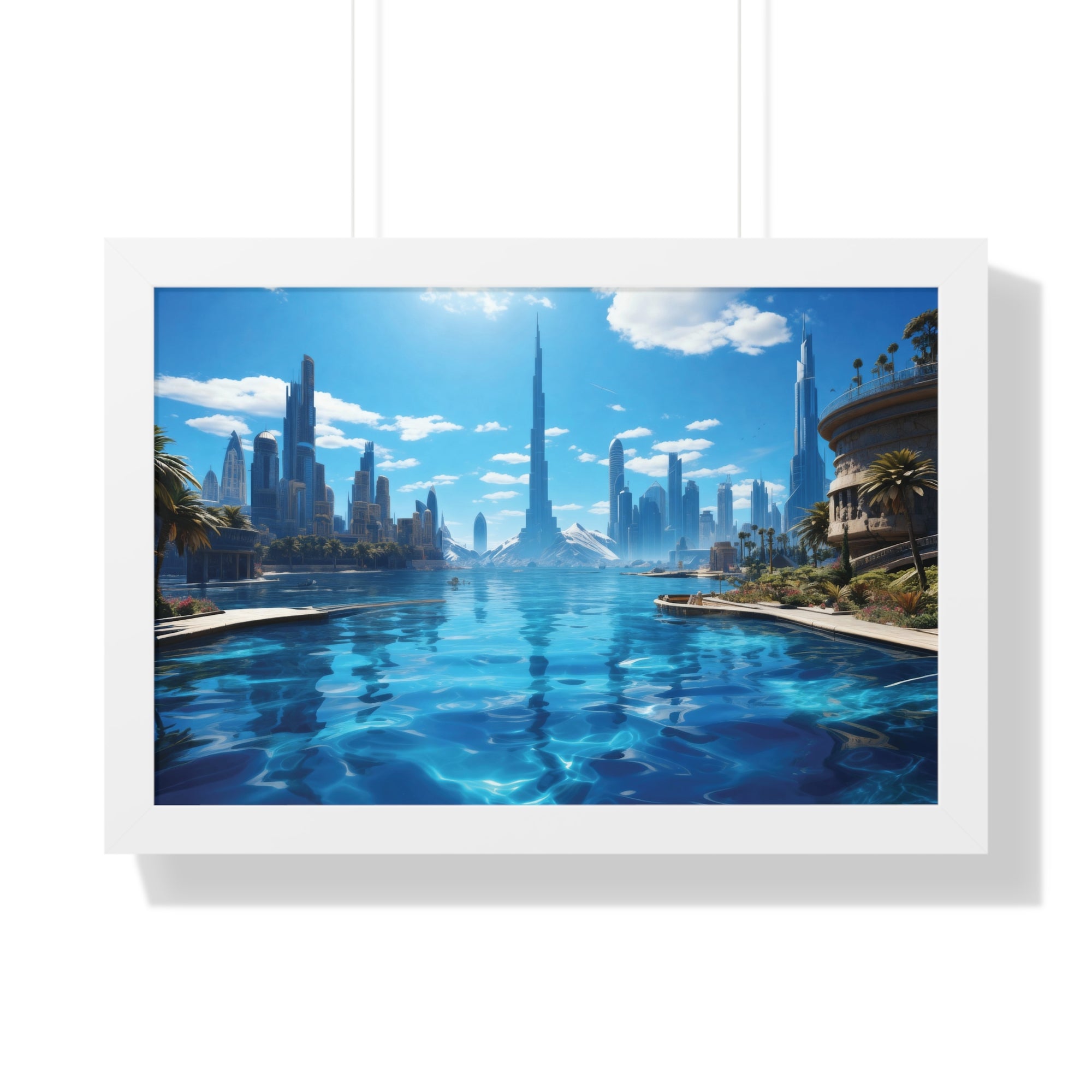 Futuristic Waterfront Skyline – Framed Wall Art with Palm Trees & Ultra-Modern Architecture