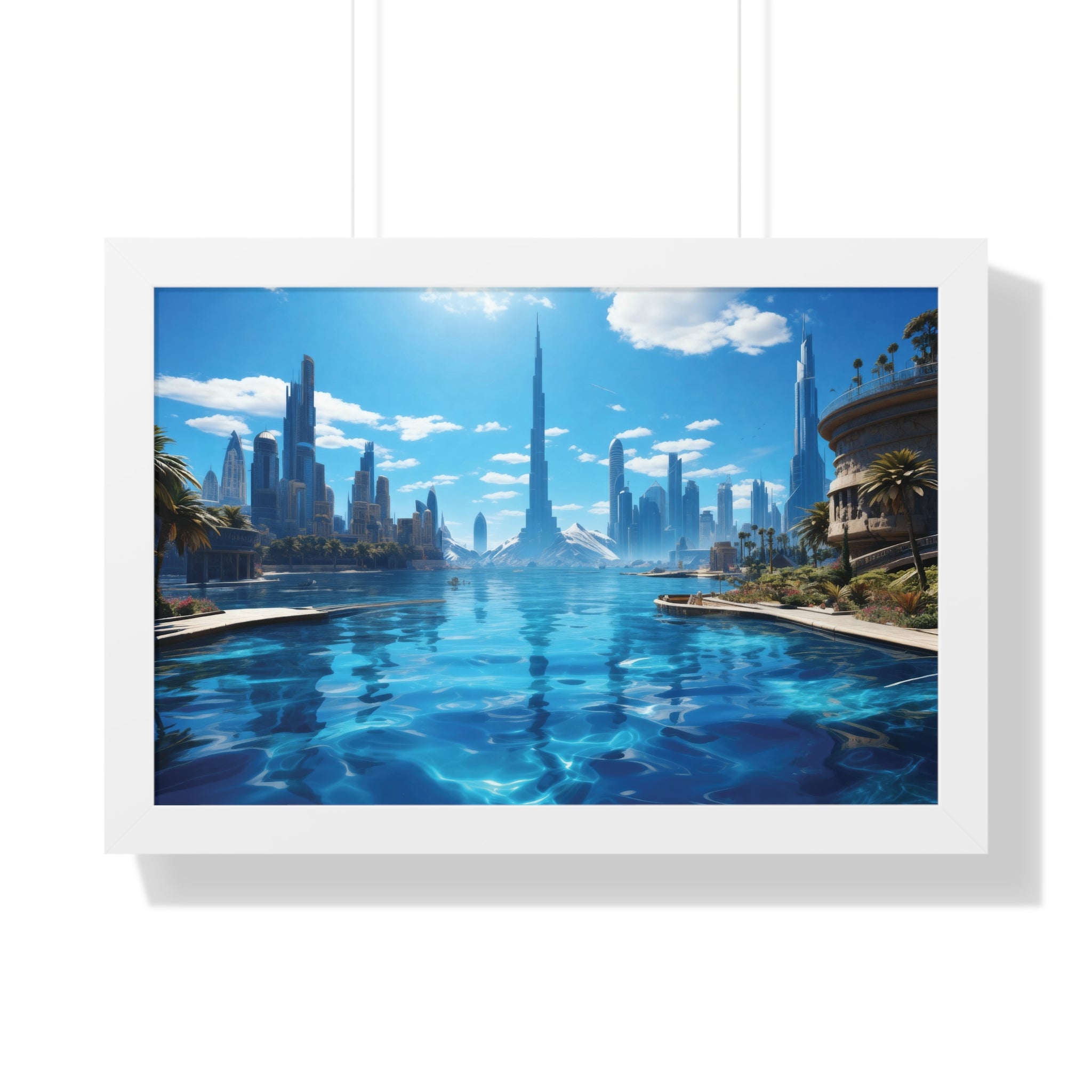 Futuristic Waterfront Skyline – Framed Wall Art with Palm Trees & Ultra-Modern Architecture