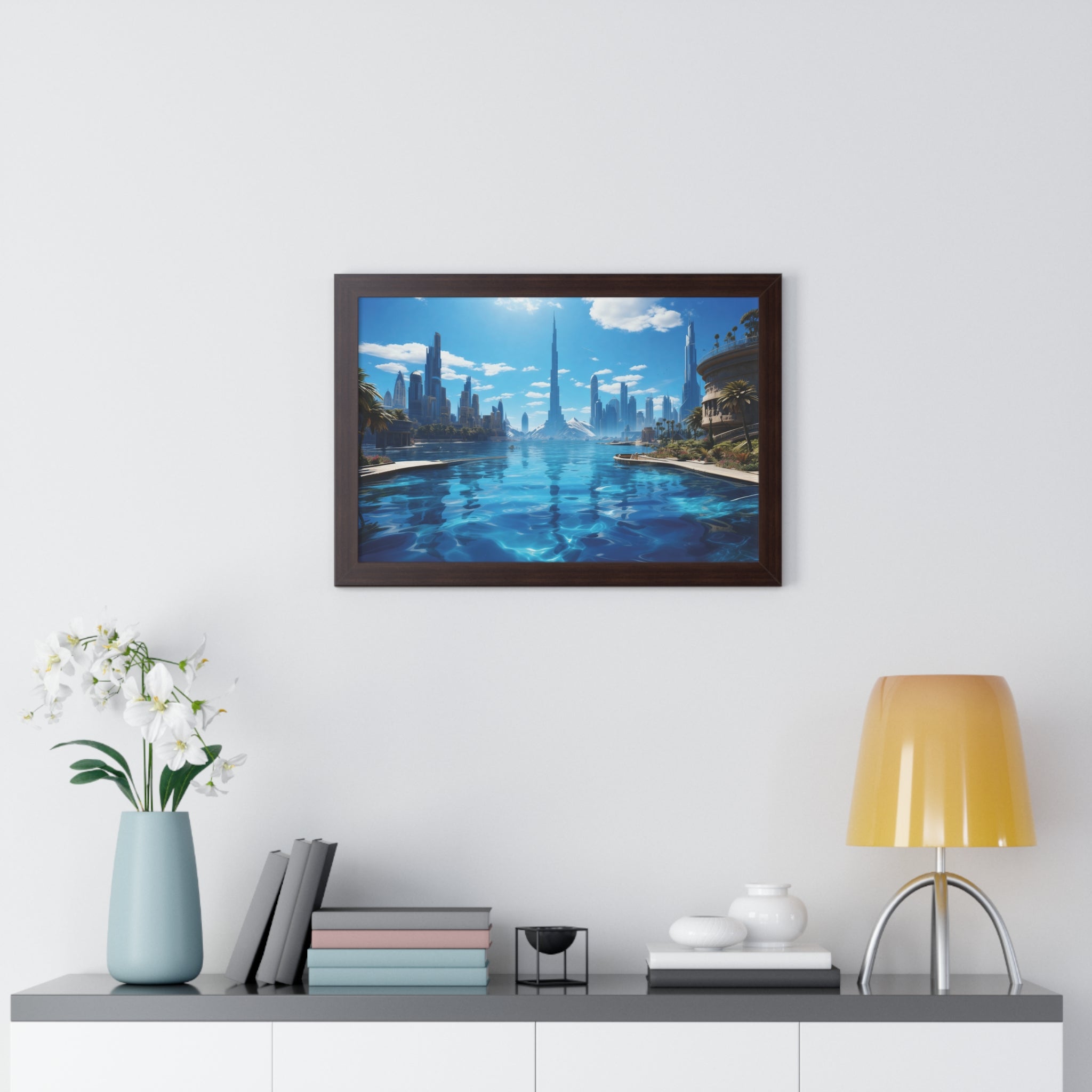 Futuristic Waterfront Skyline – Framed Wall Art with Palm Trees & Ultra-Modern Architecture