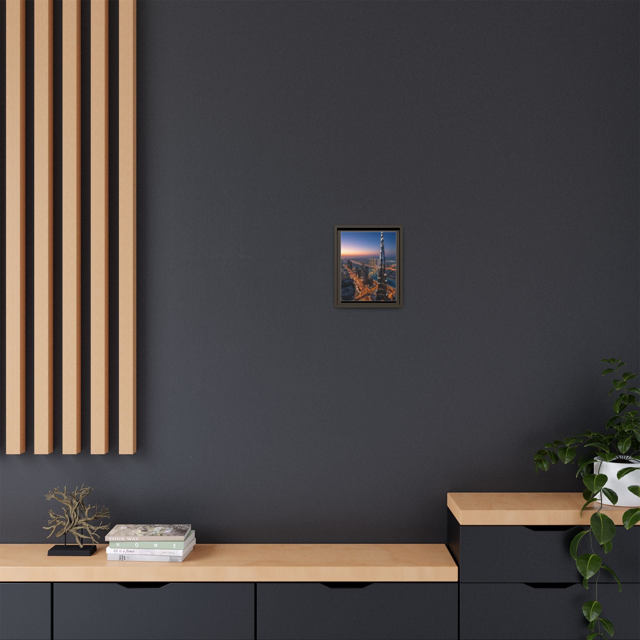 Framed Dubai Skyline at Dusk – Stunning Cityscape Wall Art