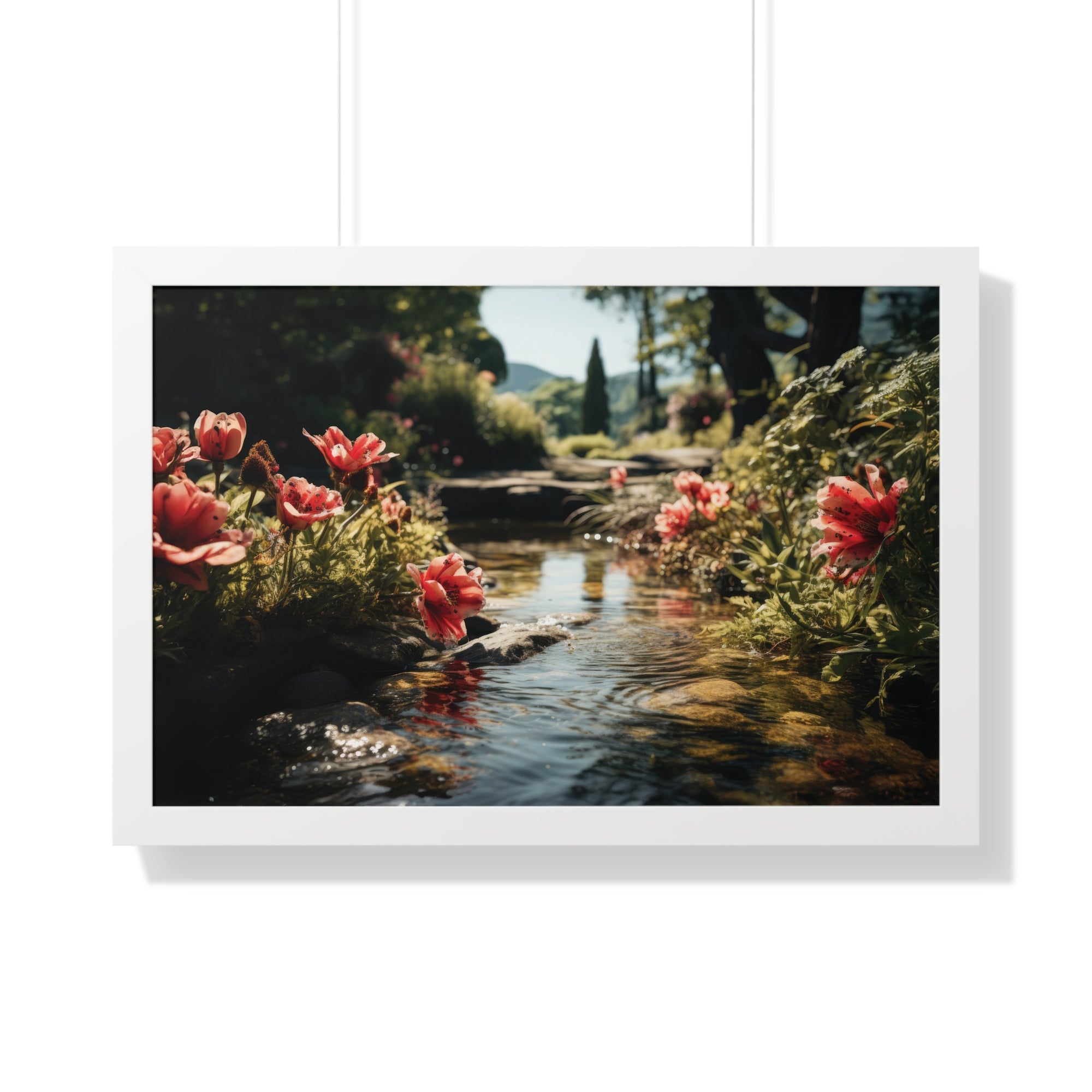 Tranquil Garden Stream with Scarlet Blooms