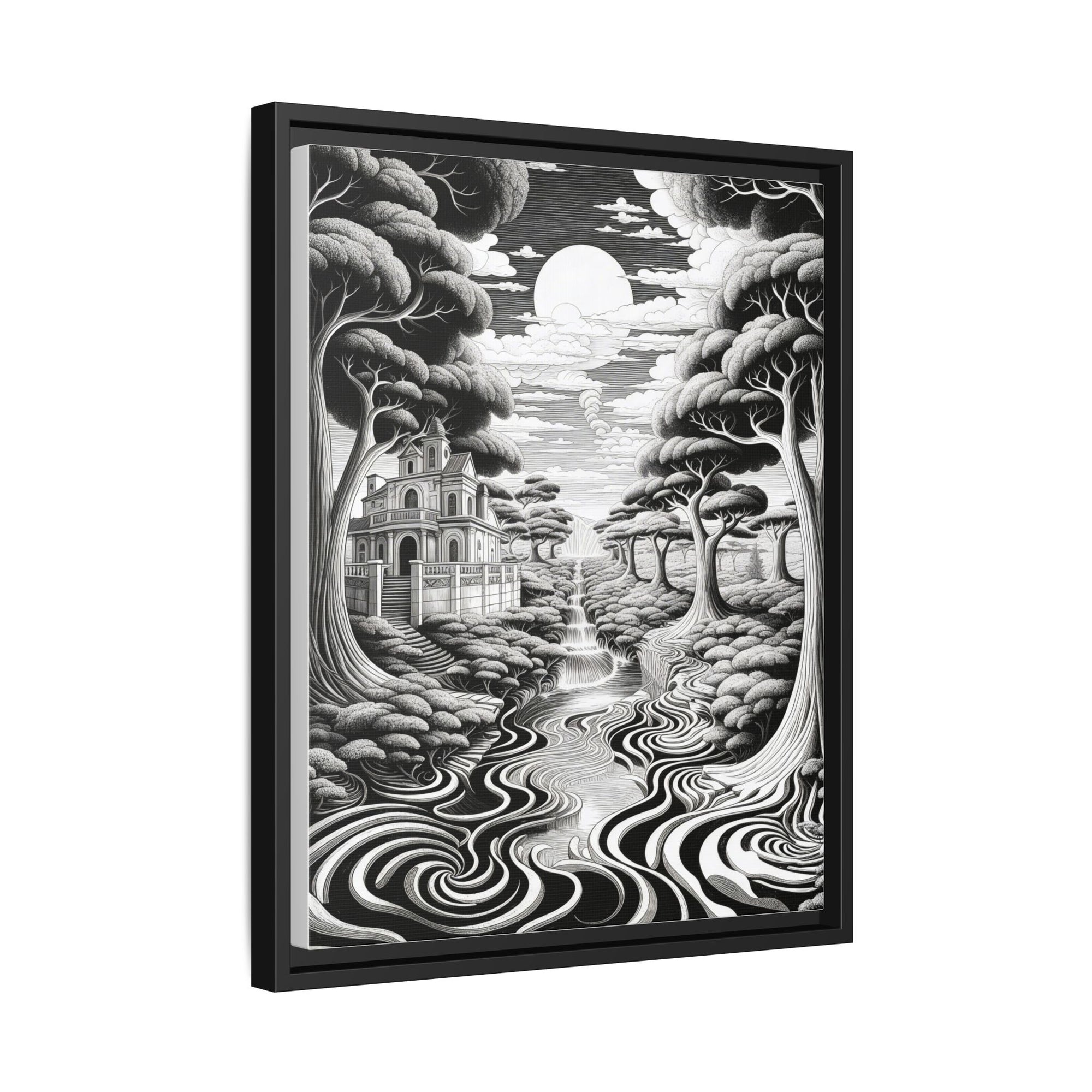 Enchanted River & Mansion Scene Luxury Landscape Wall Art