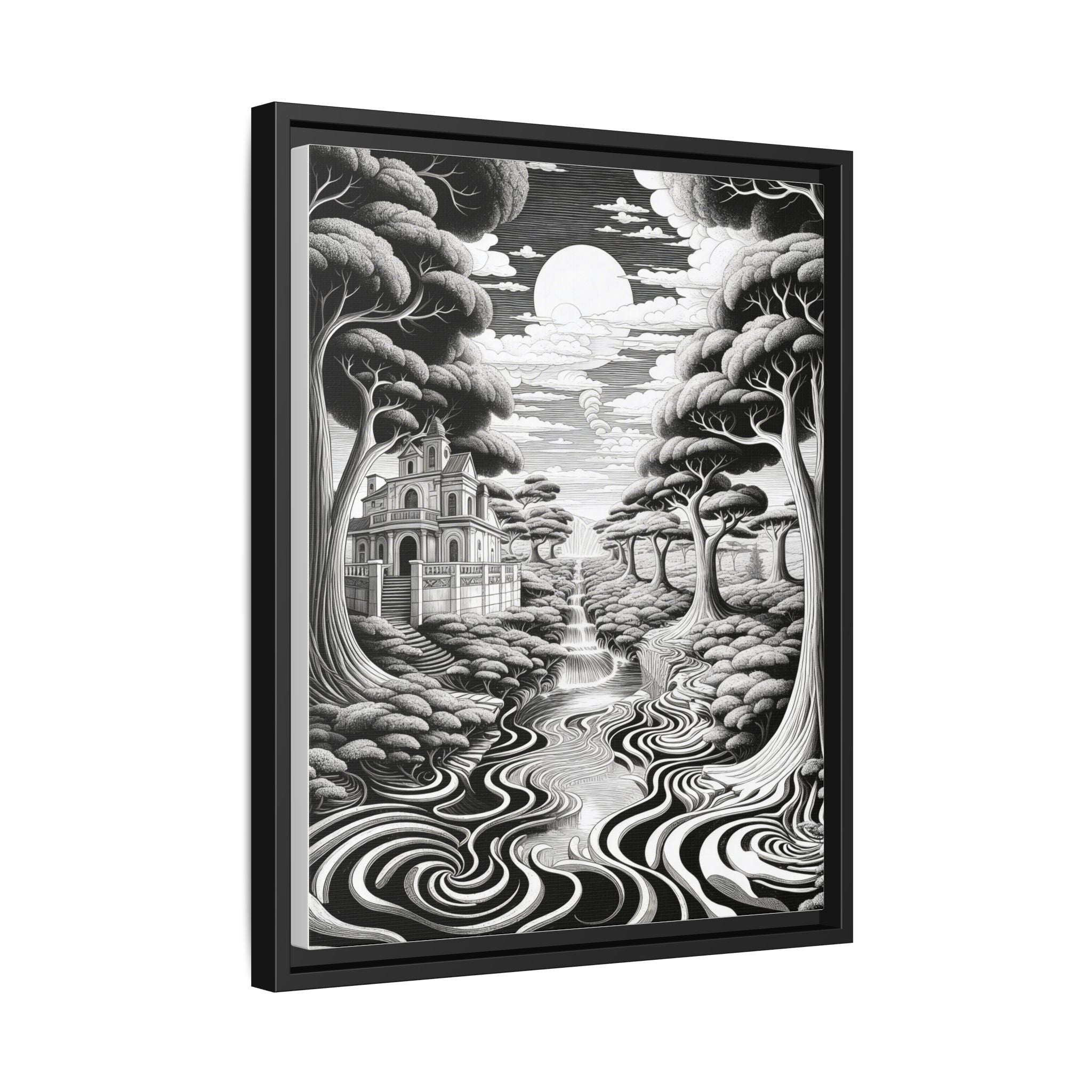 Enchanted River & Mansion Scene Luxury Landscape Wall Art