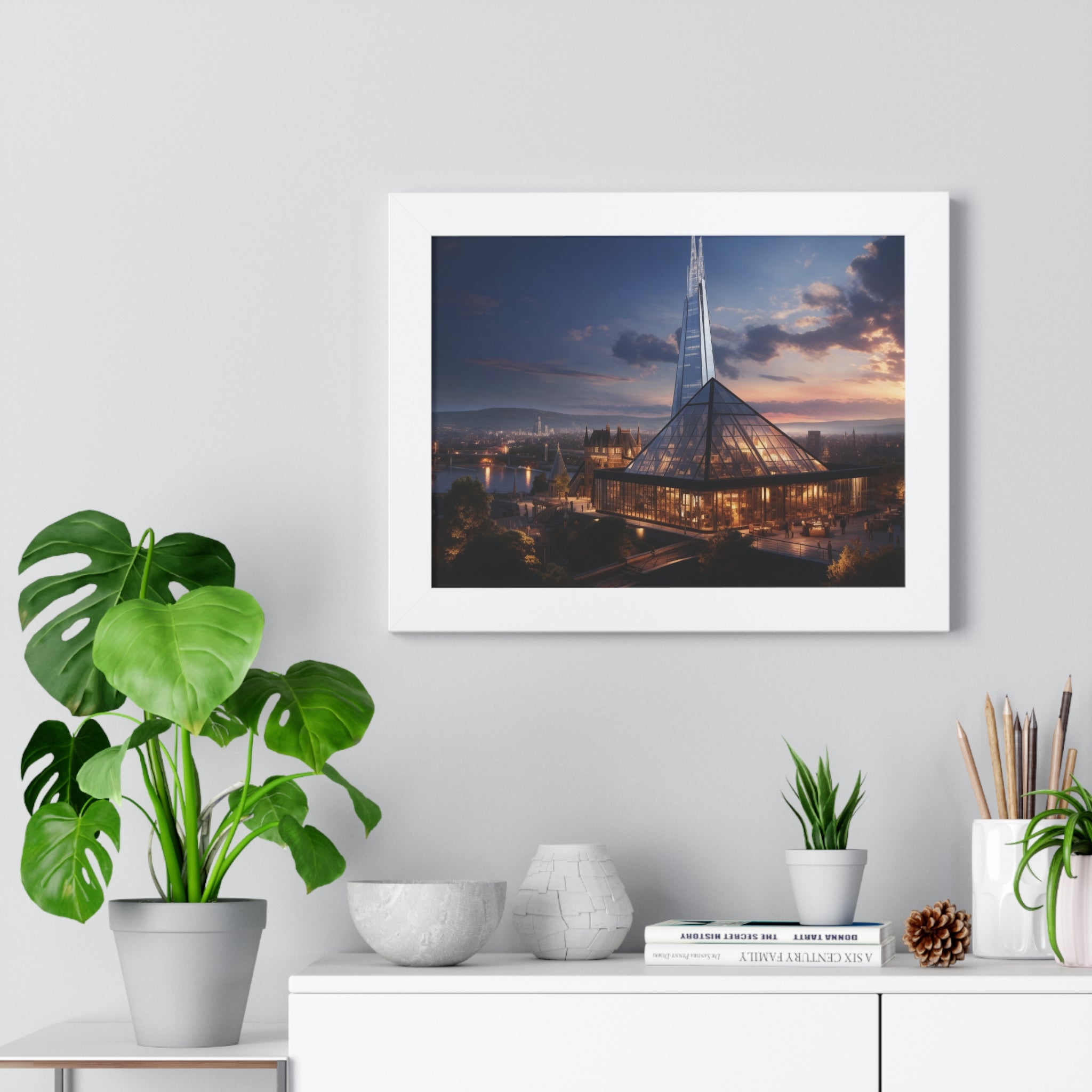 Futuristic Twilight: Glass Spire & Pyramid Skyline – Illuminated Architecture Wall Art
