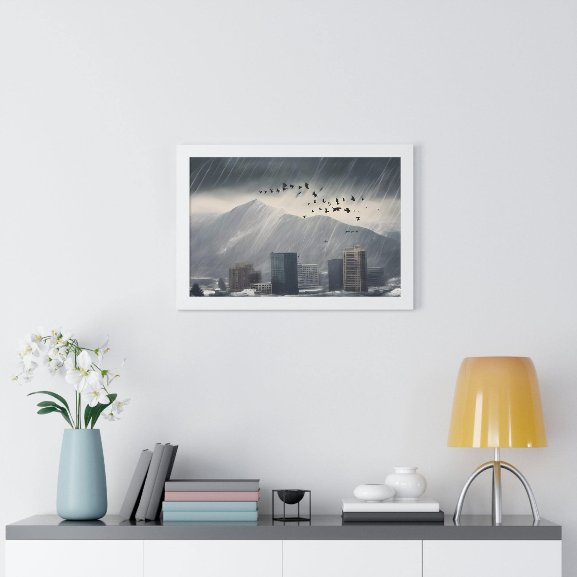 Urban Downpour with Birds in Flight – Futuristic Wall Print