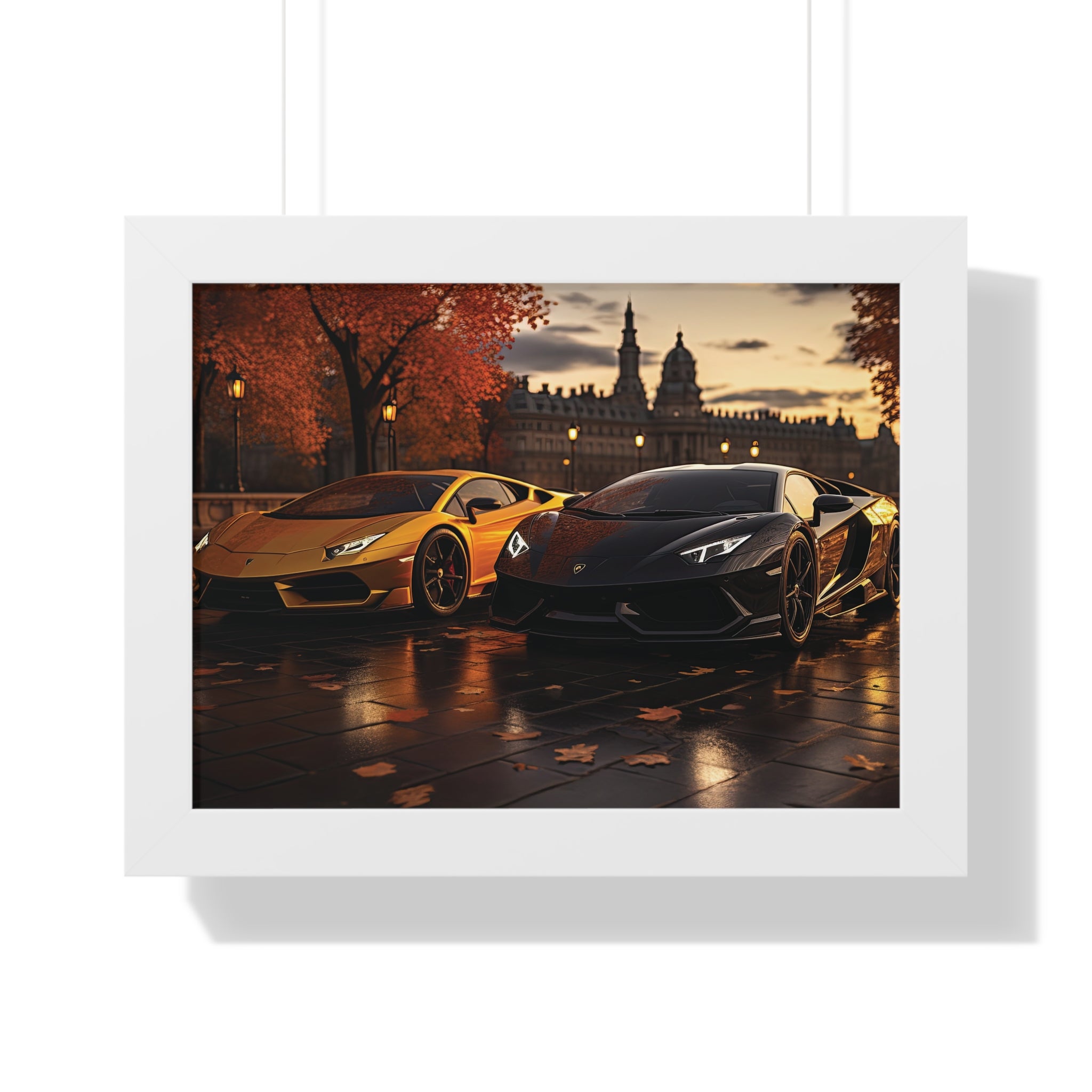 Gold Lamborghini Huracán and a Black Lamborghini Aventador – Premium Framed Print