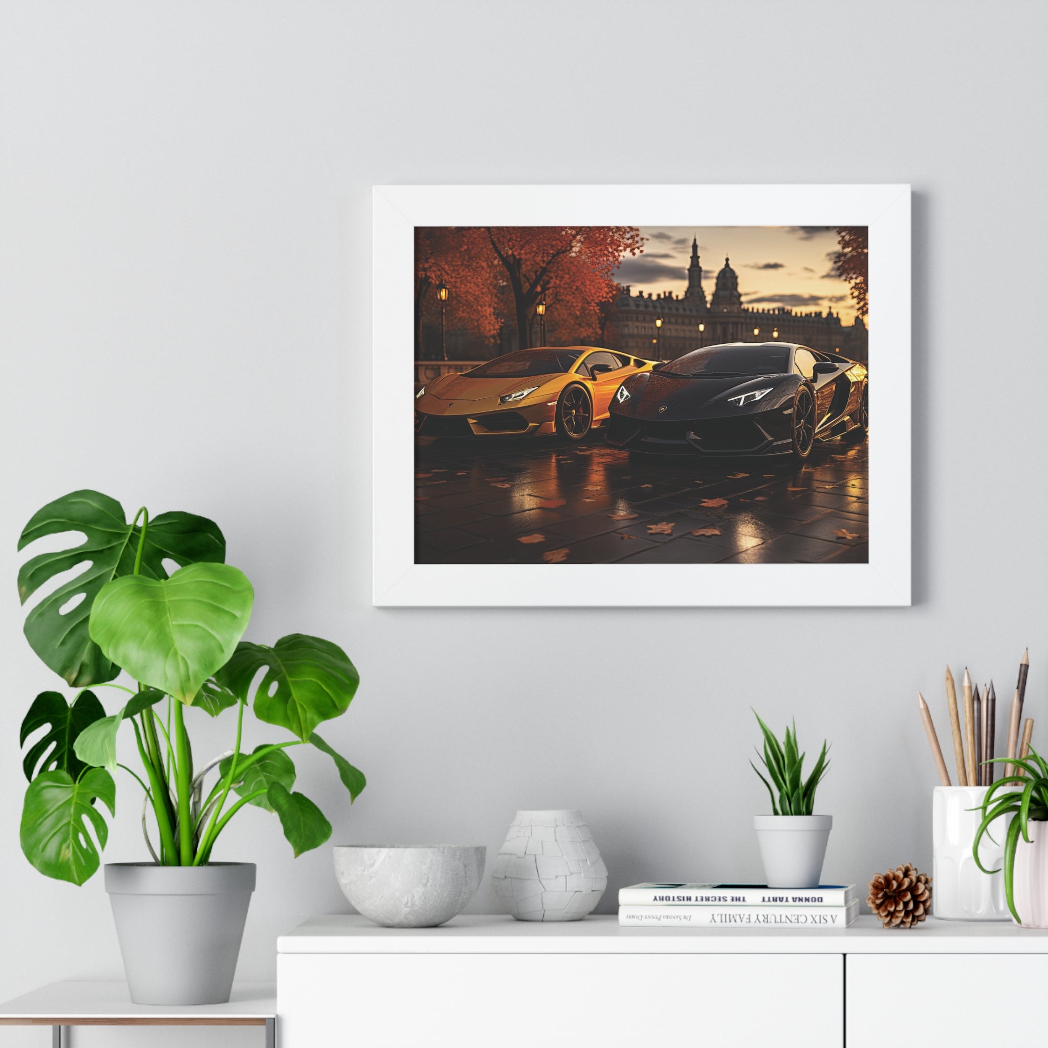 Gold Lamborghini Huracán and a Black Lamborghini Aventador – Premium Framed Print