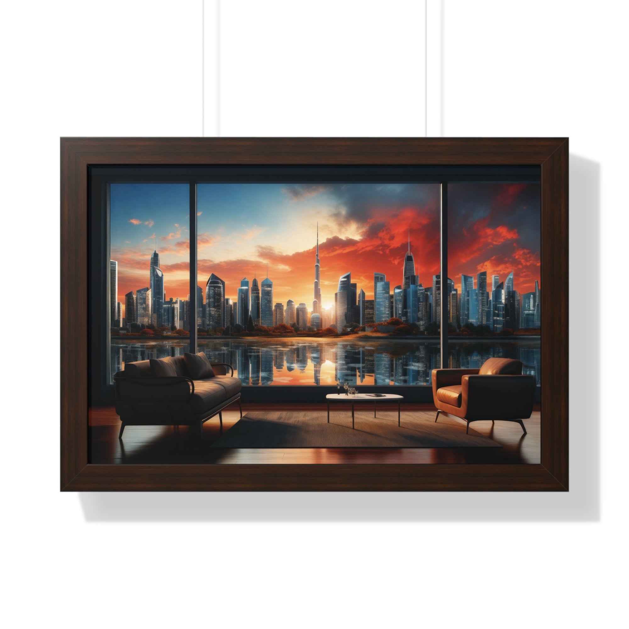 Framed Luxury City View – Modern Living Room Wall Art with Skyline Sunset Reflection