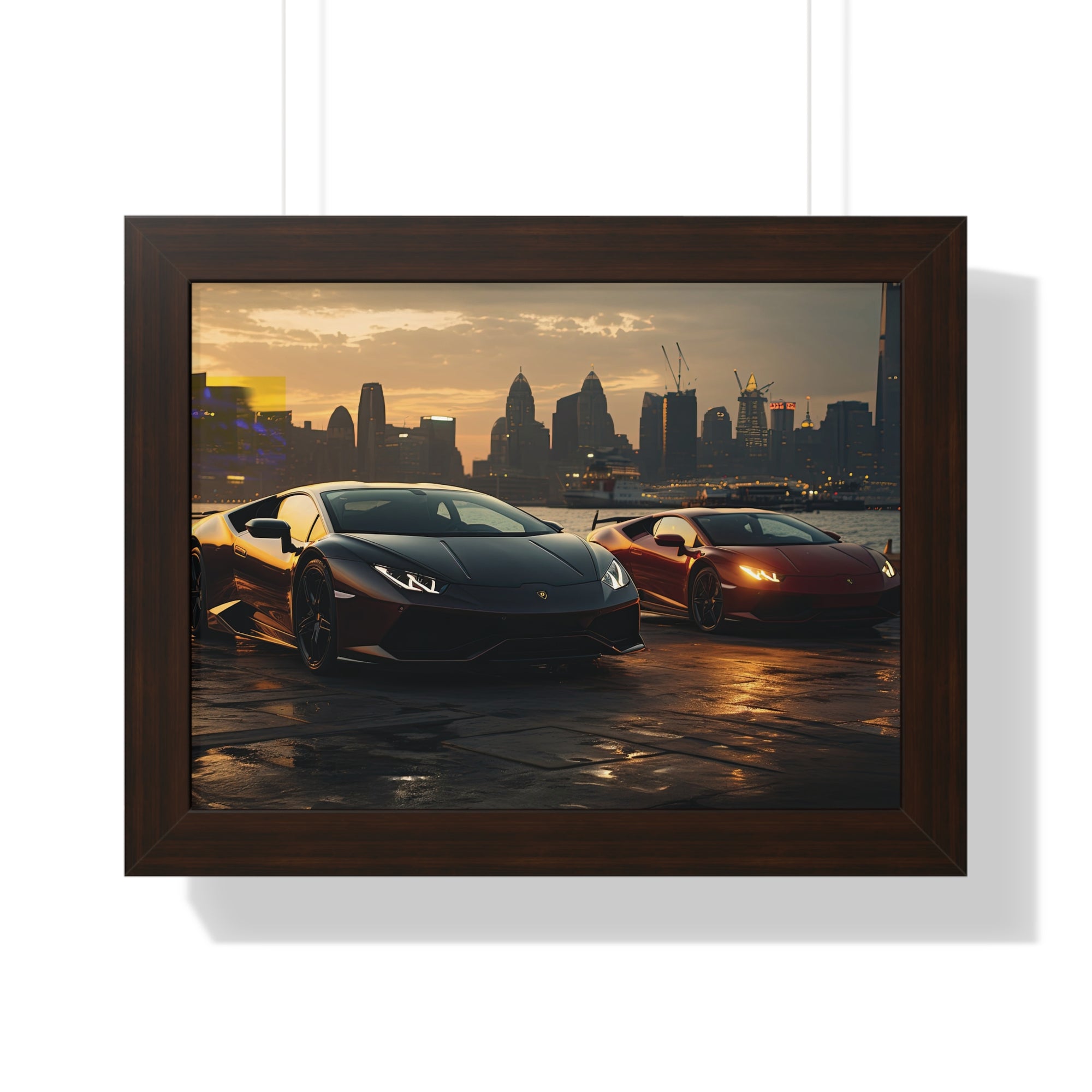 Lamborghinis Parked on a Waterfront at Sunset