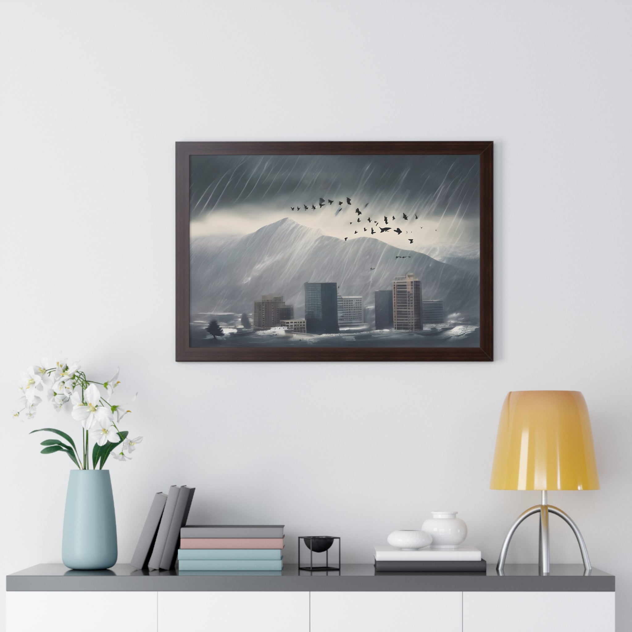 Urban Downpour with Birds in Flight – Futuristic Wall Print