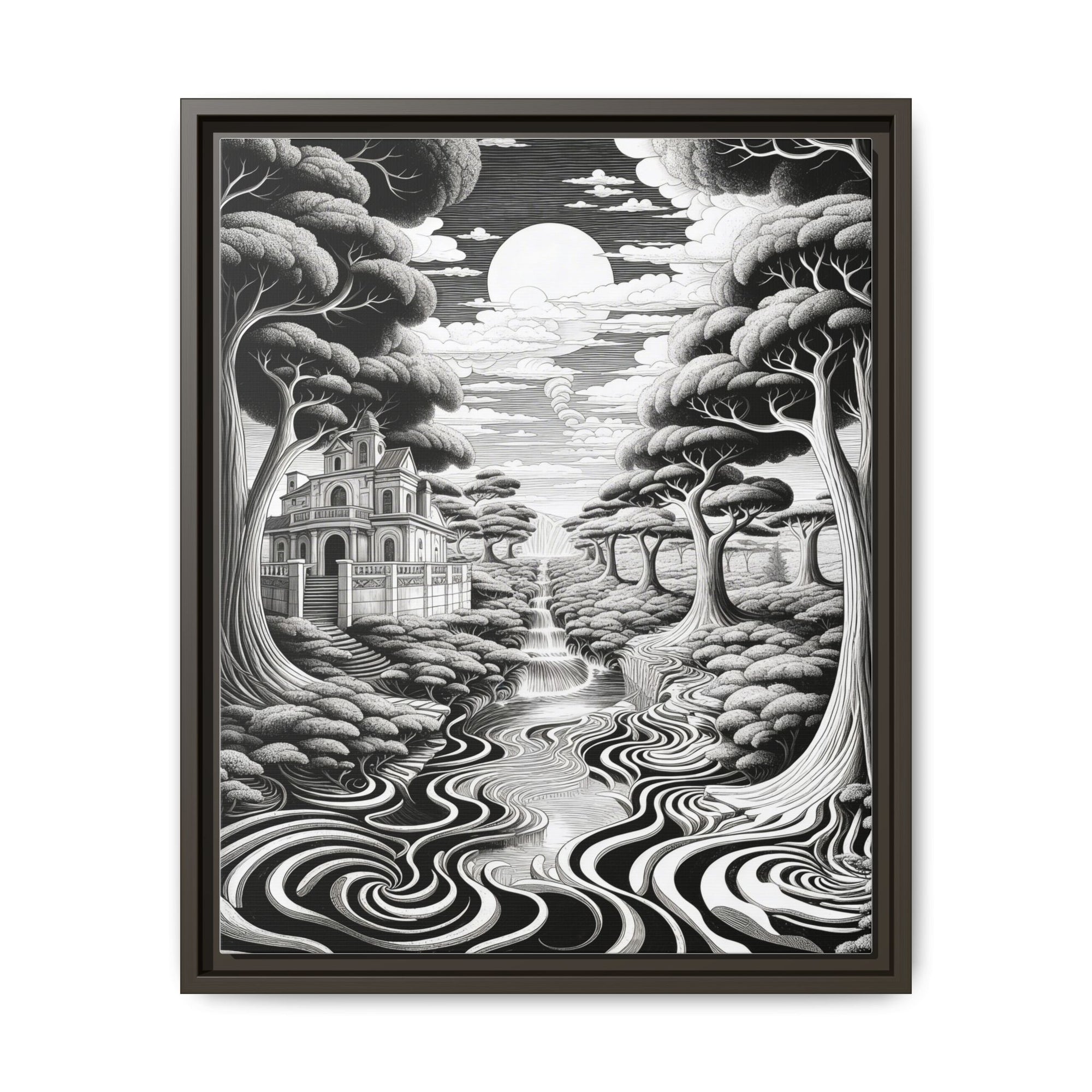 Enchanted River & Mansion Scene Luxury Landscape Wall Art