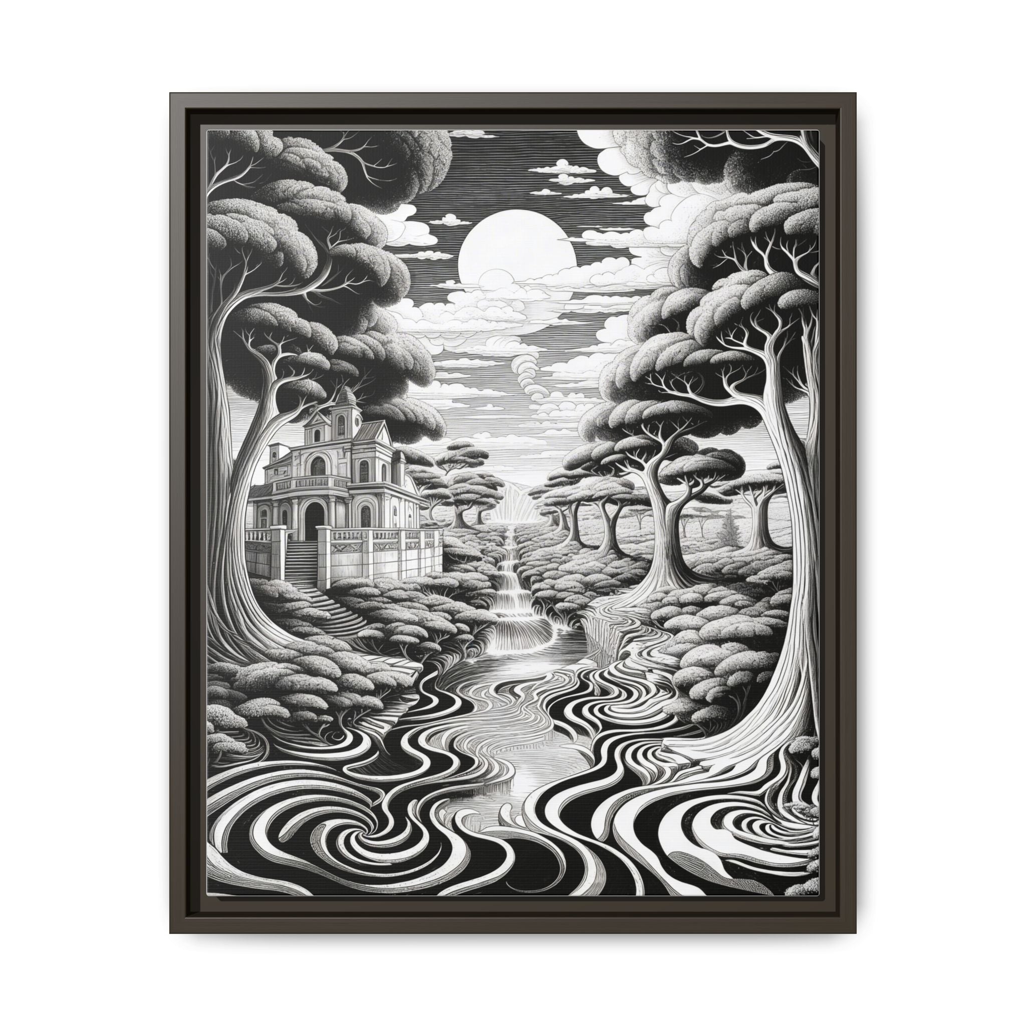 Enchanted River & Mansion Scene Luxury Landscape Wall Art