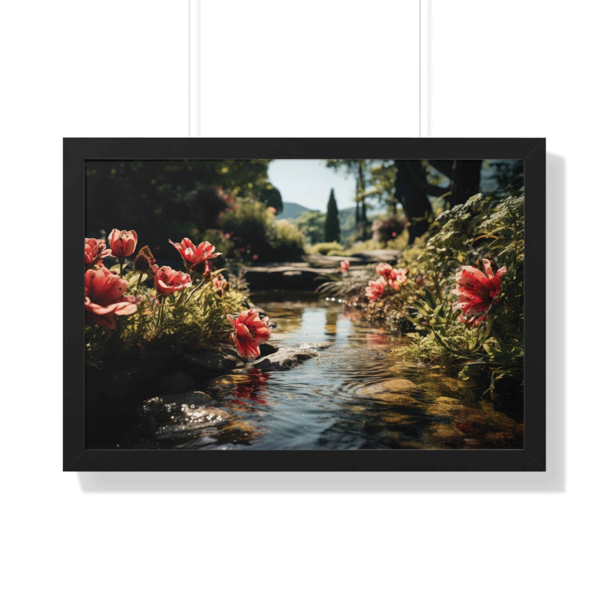 Tranquil Garden Stream with Scarlet Blooms